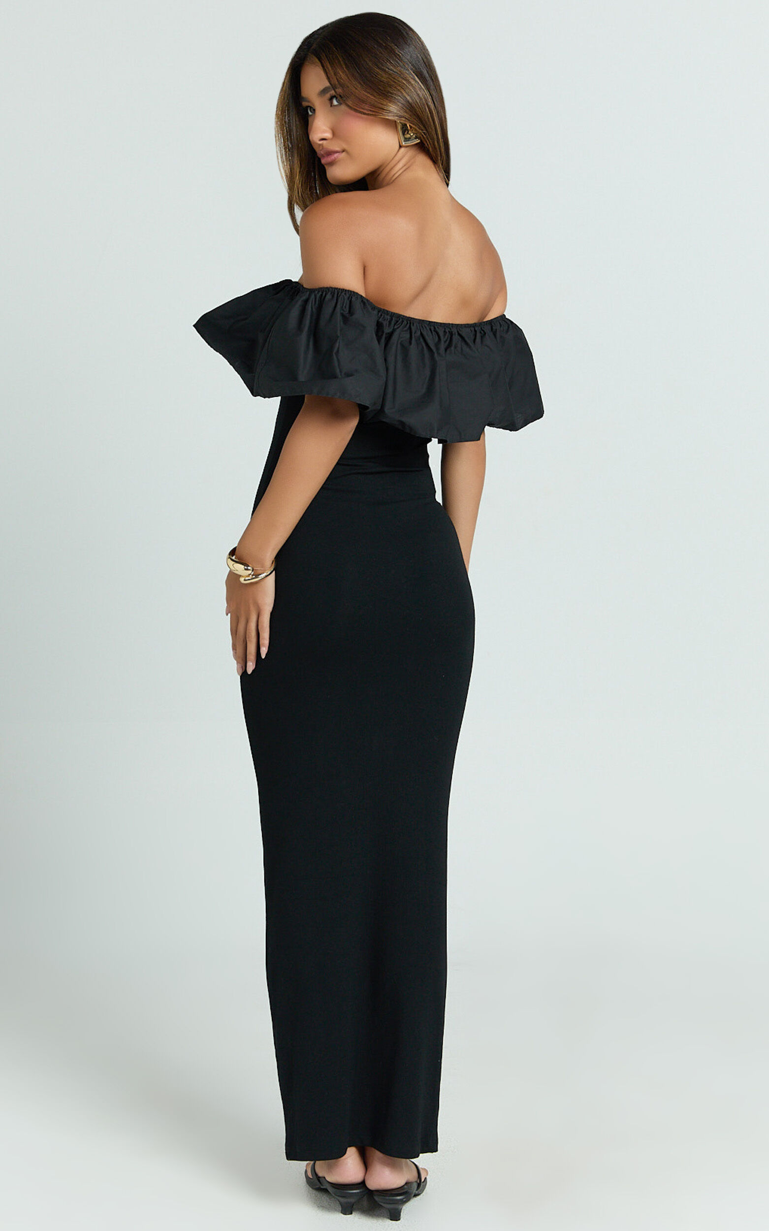 Carol Maxi Dress - Off Shoulder Frill Neckline Dress in Black
