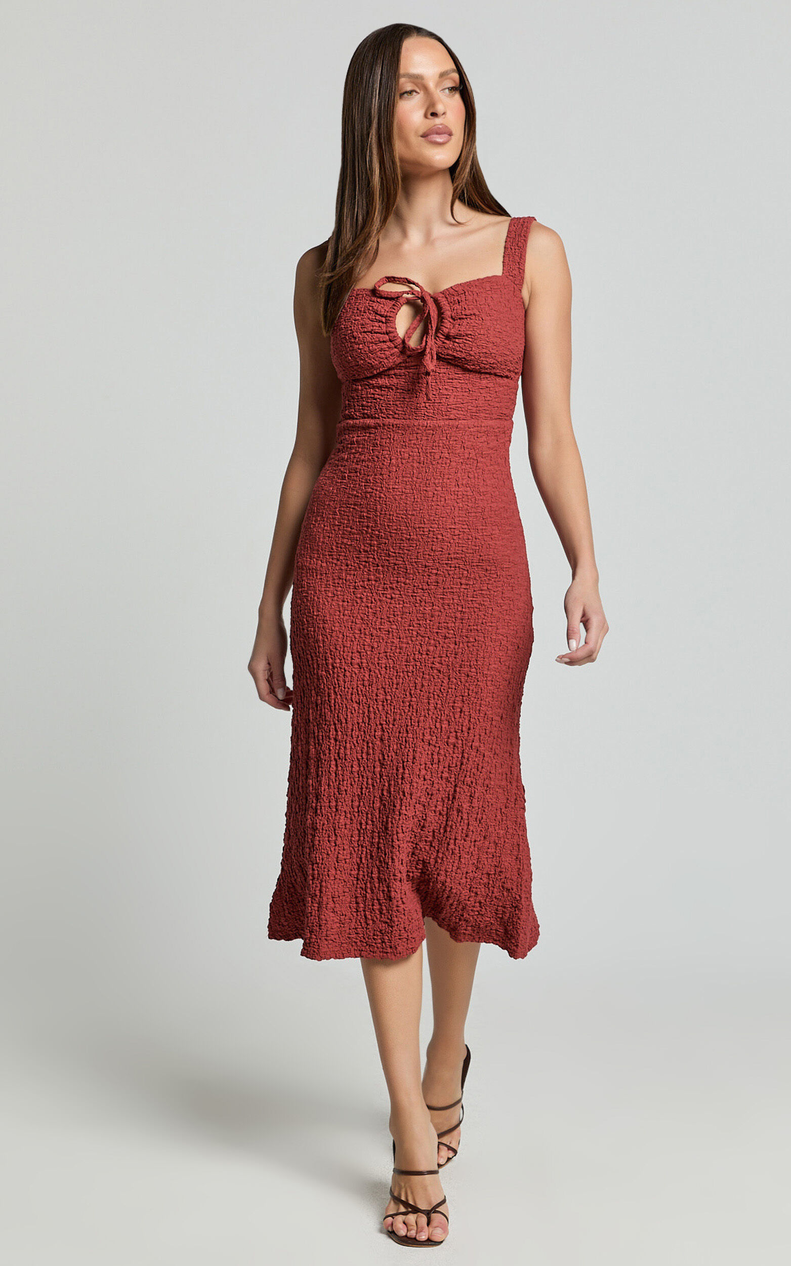 Olsen Midi Dress - Textured Wide Strap Tie Front Dress in Burnt Rust
