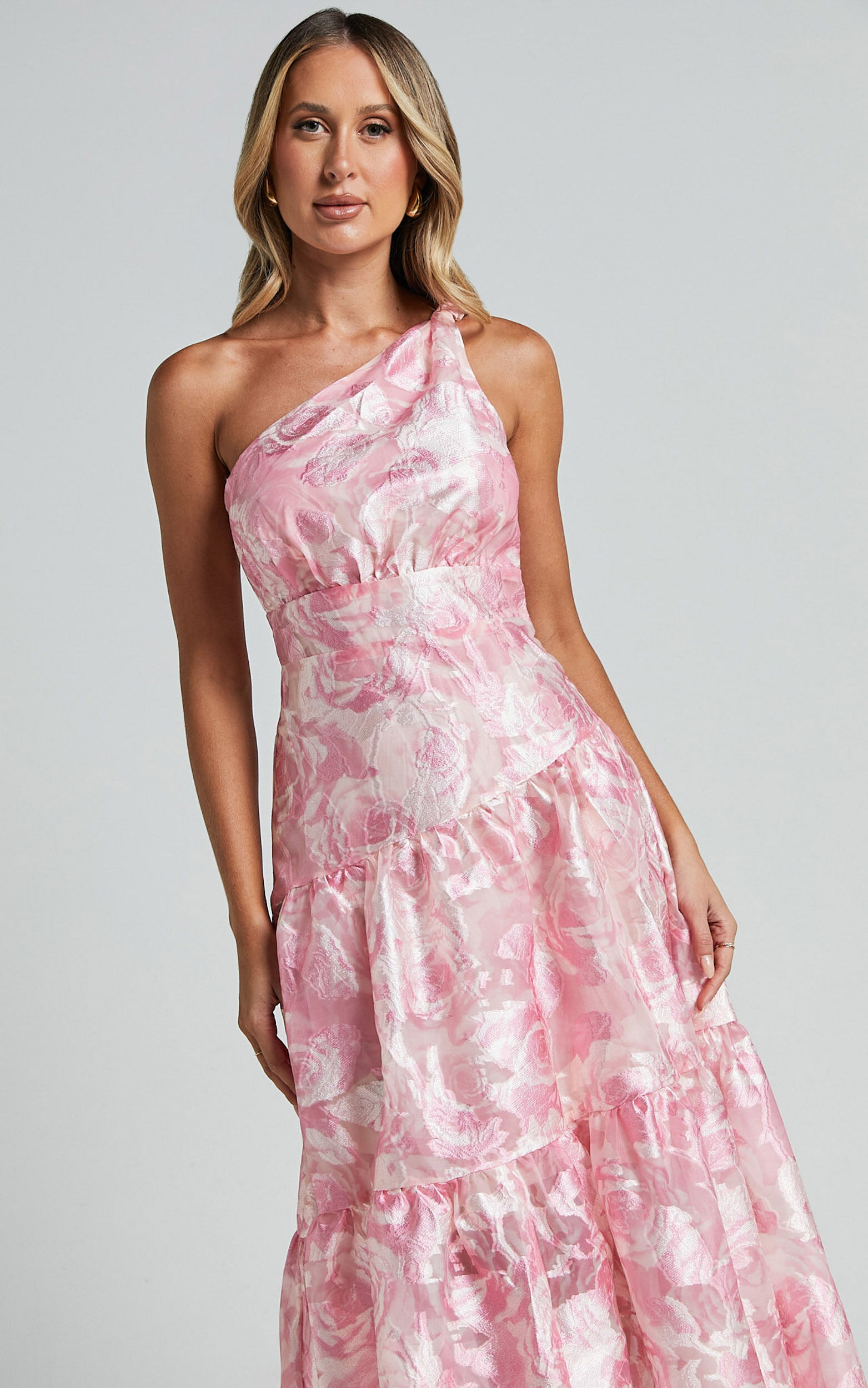 Lettie Midi Dress - One Shoulder Tiered Dress in Blurred Rose