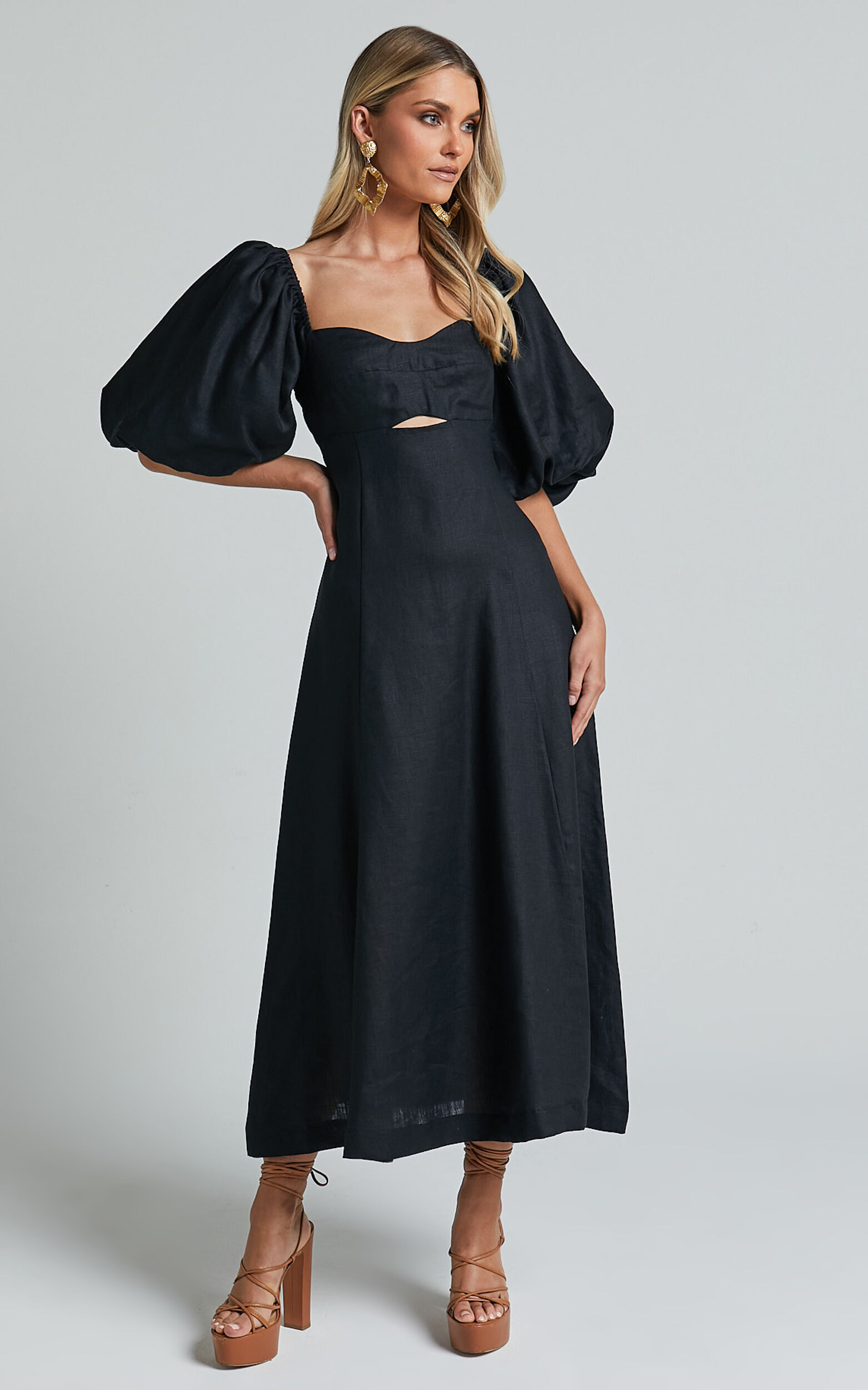 Amalie The Label - Catalina Linen Blend Sweetheart Balloon Sleeve Midi Dress in Black