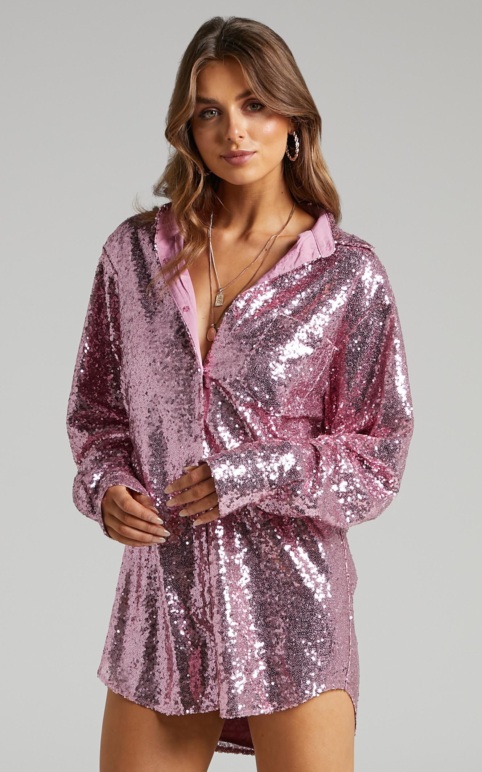 Cally Mini Dress - Oversized Shirt Dress in Lilac Sequin
