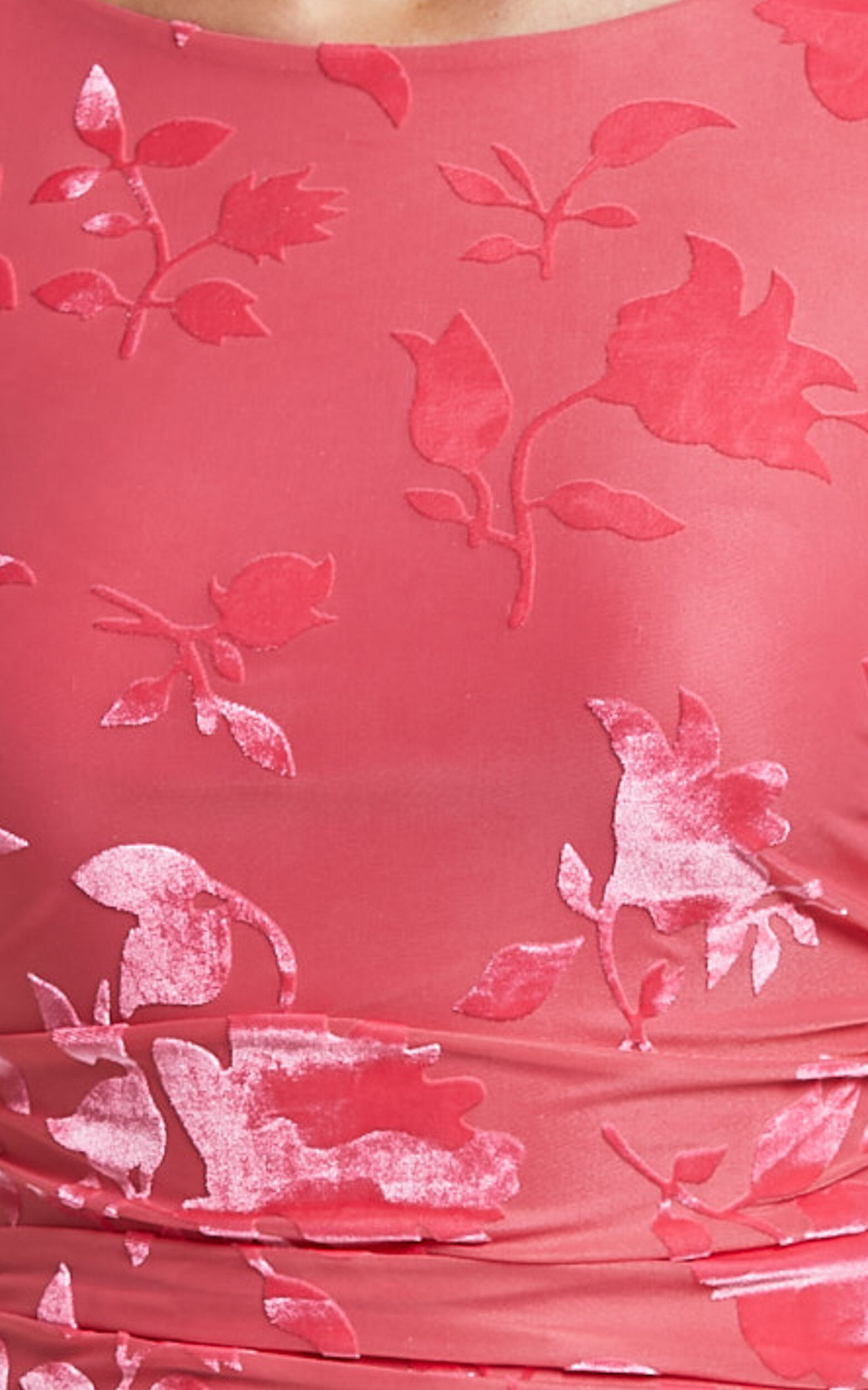 Cardi Mini Dress - Rosette Detail Devore Ruffle Hem Mini Dress in Pink Burnout