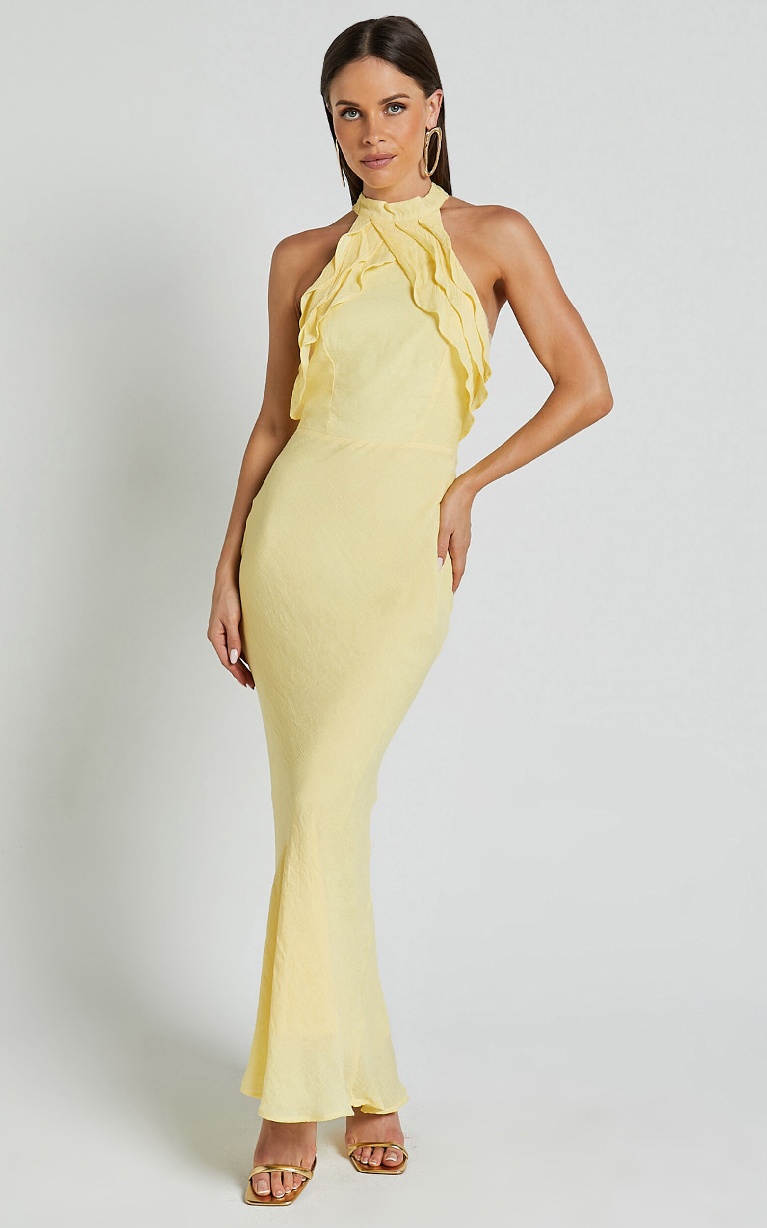 Asha Maxi Dress- High Neck Ruffle Detail Dress in Banana