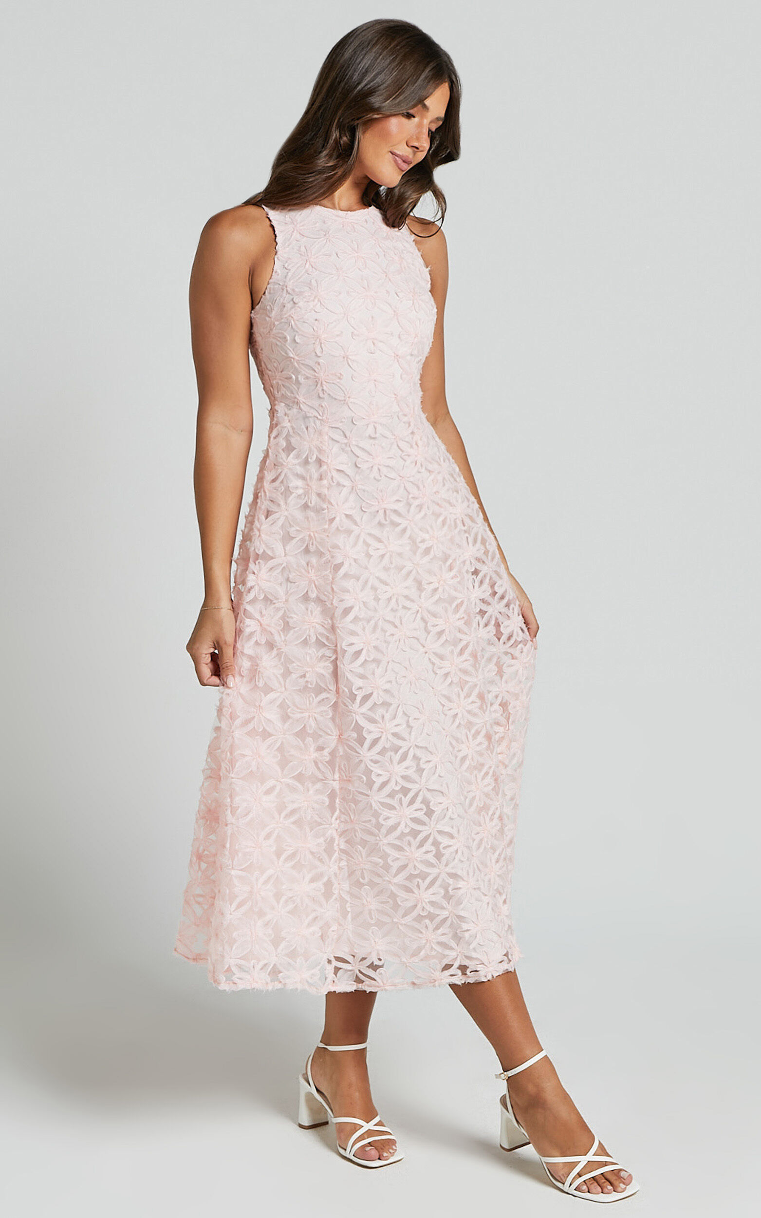Georgina Midi Dress - Crew Neck Sleeveless A Line Dress in Blush Pink
