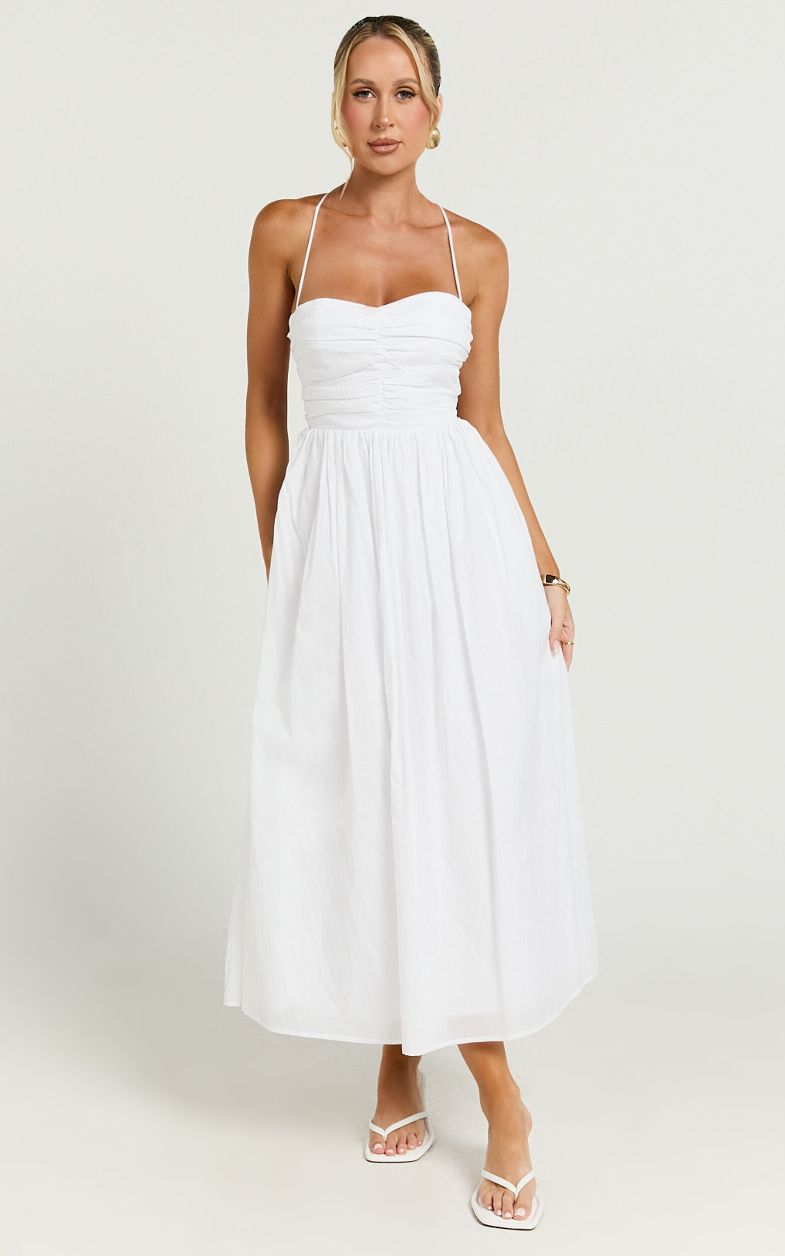 Caroline Midi Dress - Strapped Ruched Bodice Gathered Skirt Dress in White