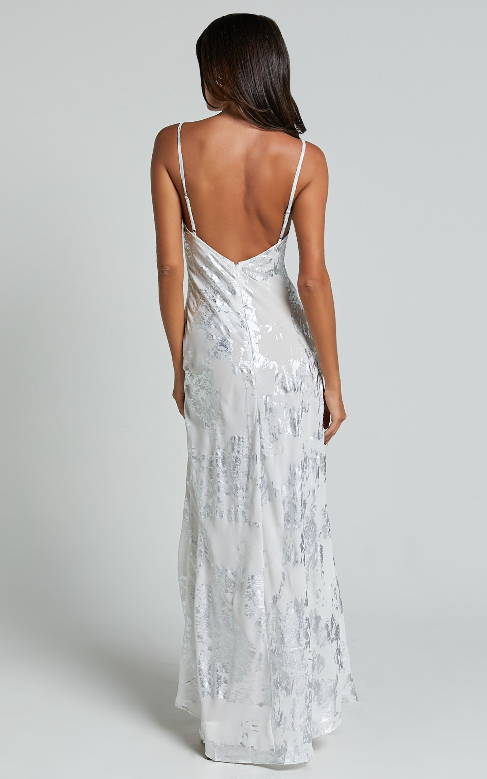 Robynne Maxi Dress - Strappy V Neck Slip Dress in White and Silver