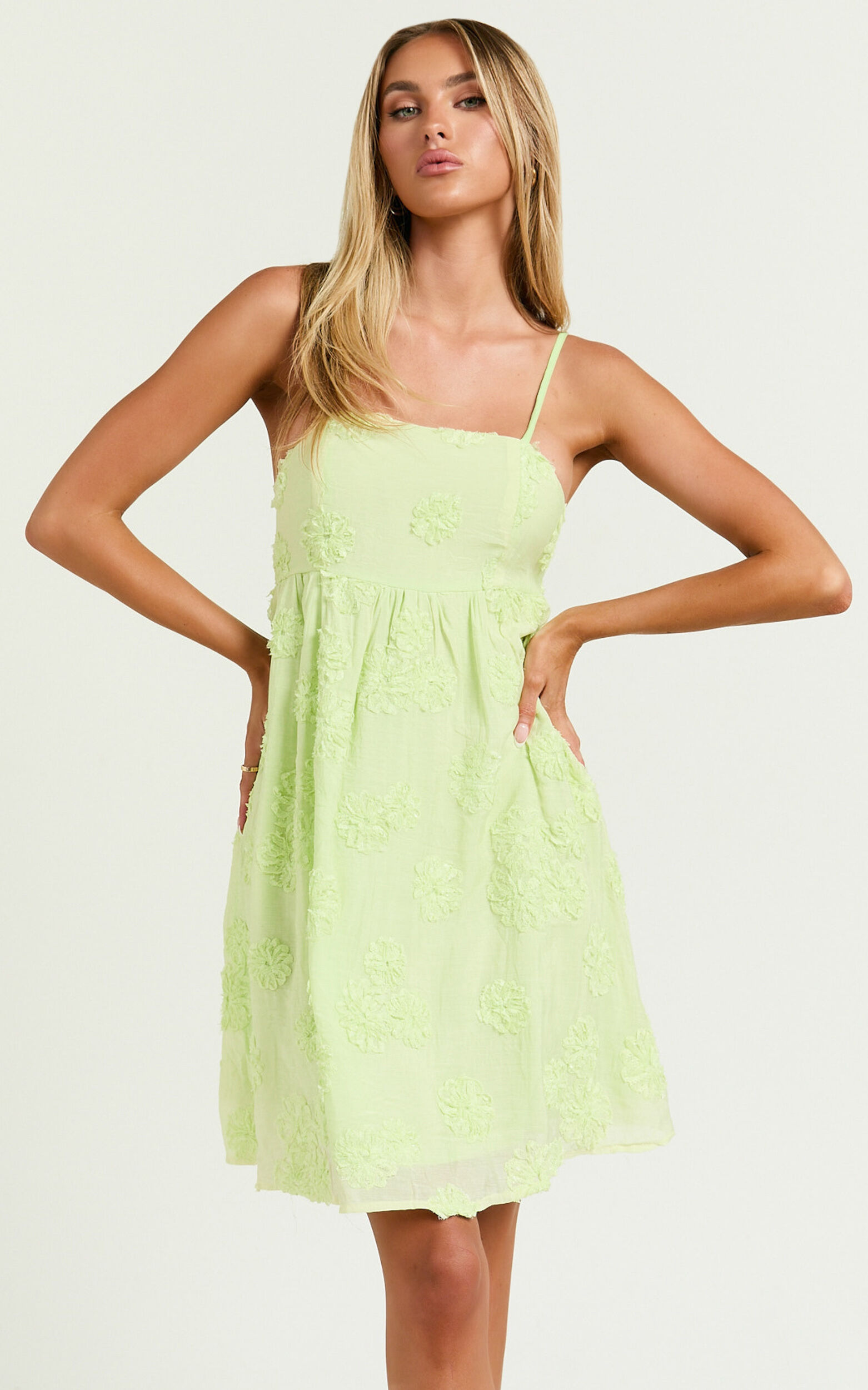 Claya Mini Dress - Sleeveless Straight Neckline Floral Detail Dress in Lime