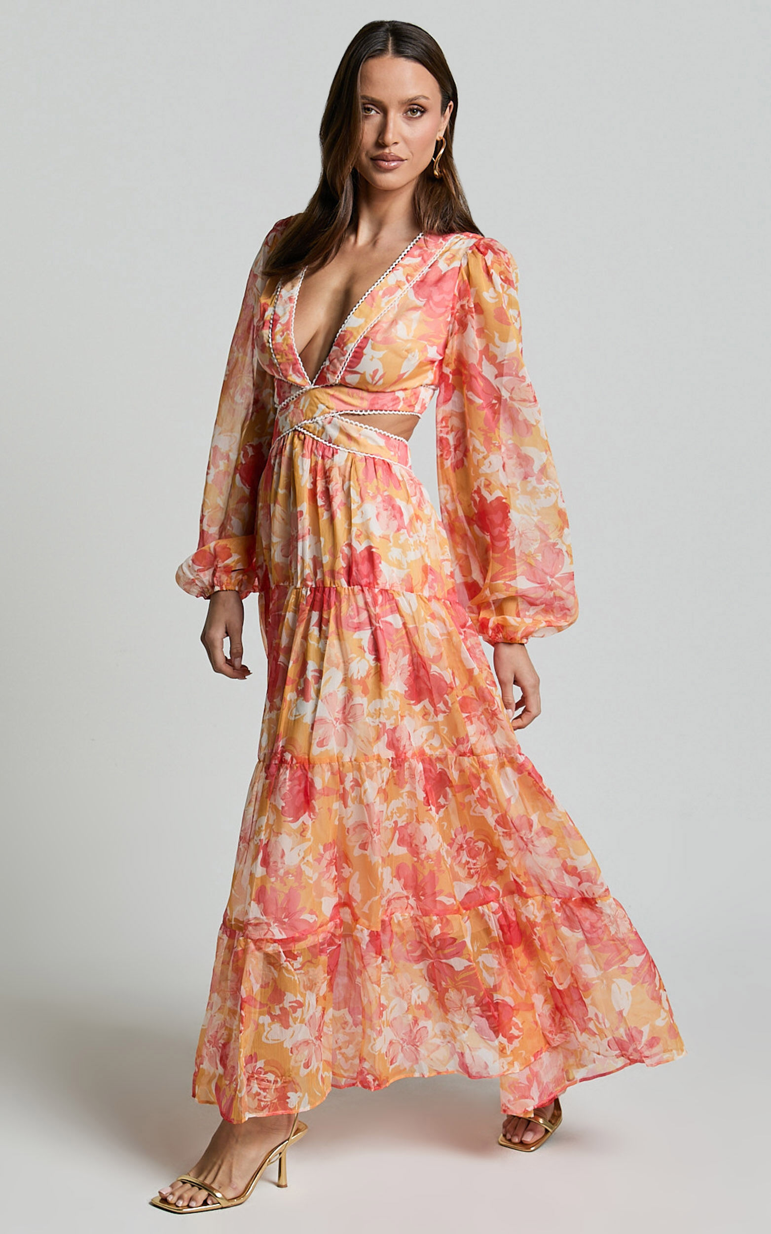 Anthea Midi Dress - V Neck Cut Out Tiered Dress in Yellow Print