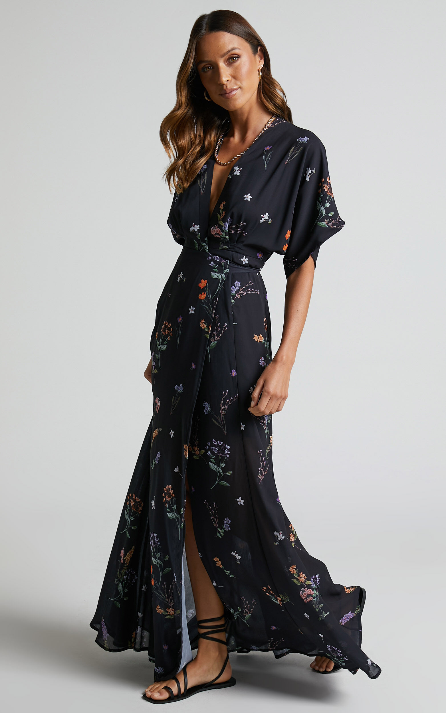 Erenza Maxi Dress - Extended Sleeve Wrap Dress in Black Flower Field
