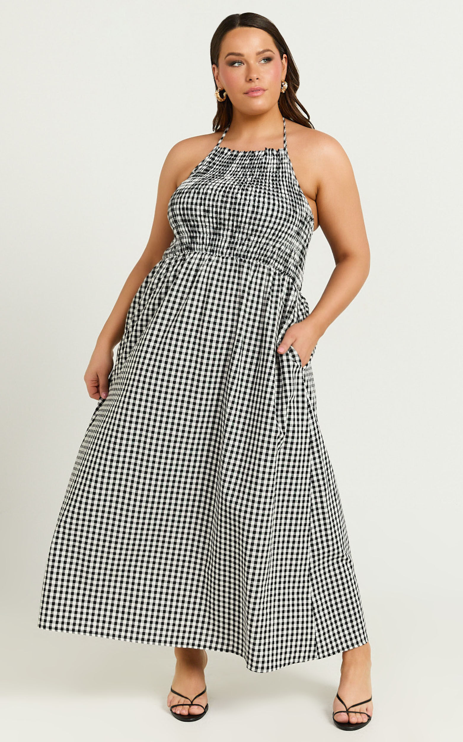 Aimie Midi Dress - Strappy Halter Neck Shirred Top in White Check