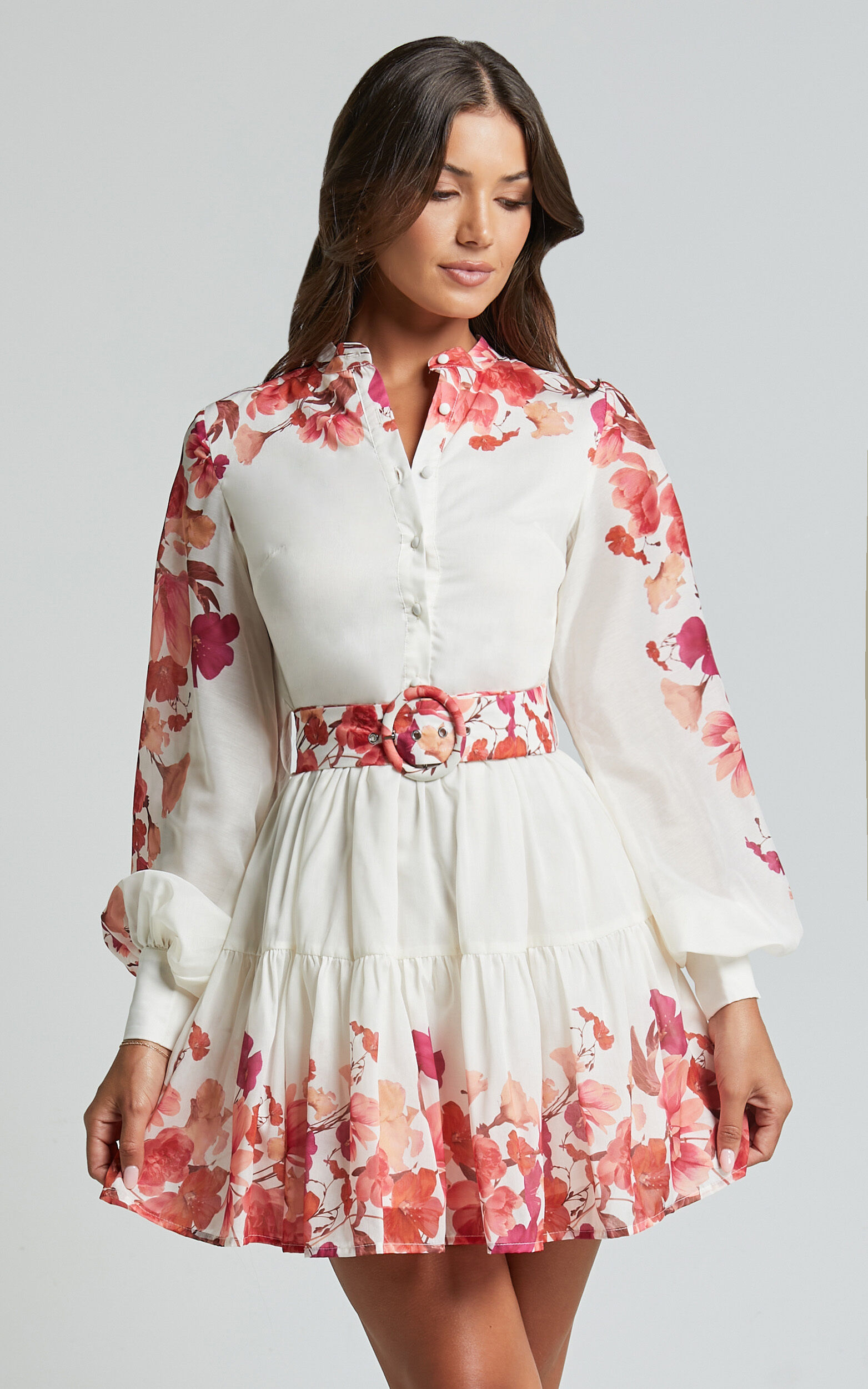 Becky Mini Dress - Long Bishop Sleeve Tiered Dress in Wildflower Print
