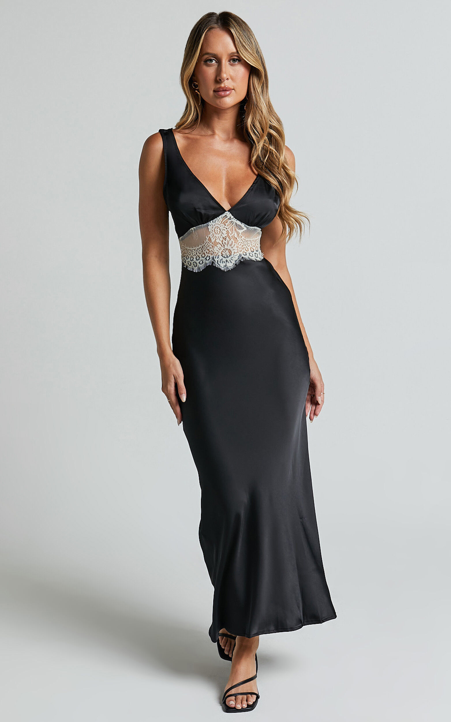 Juliet Midi Dress - V Neck Lace Insert Satin Slip Dress in Black/Beige