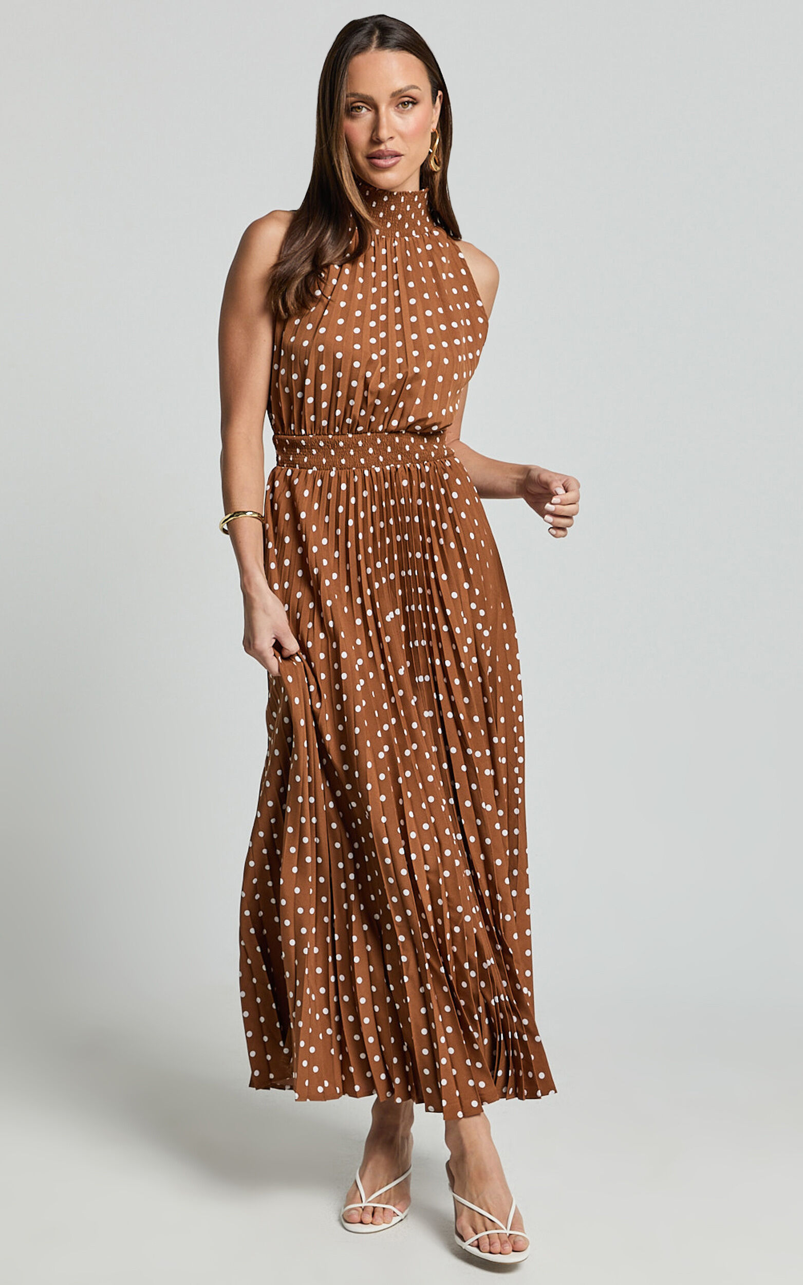 Jacynthia Midi Dress - Pleated High Neck Dress in Chocolate/White