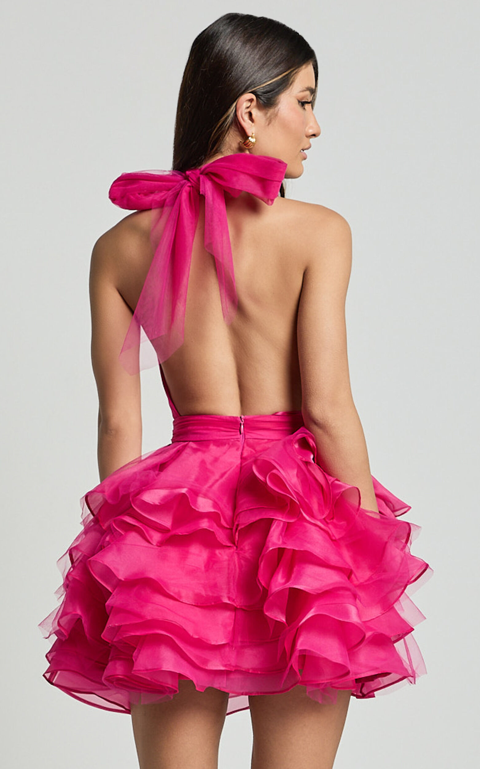 Addison Mini Dress - Halter Neck Plunge Tiered Tulle Dress in Hot Pink