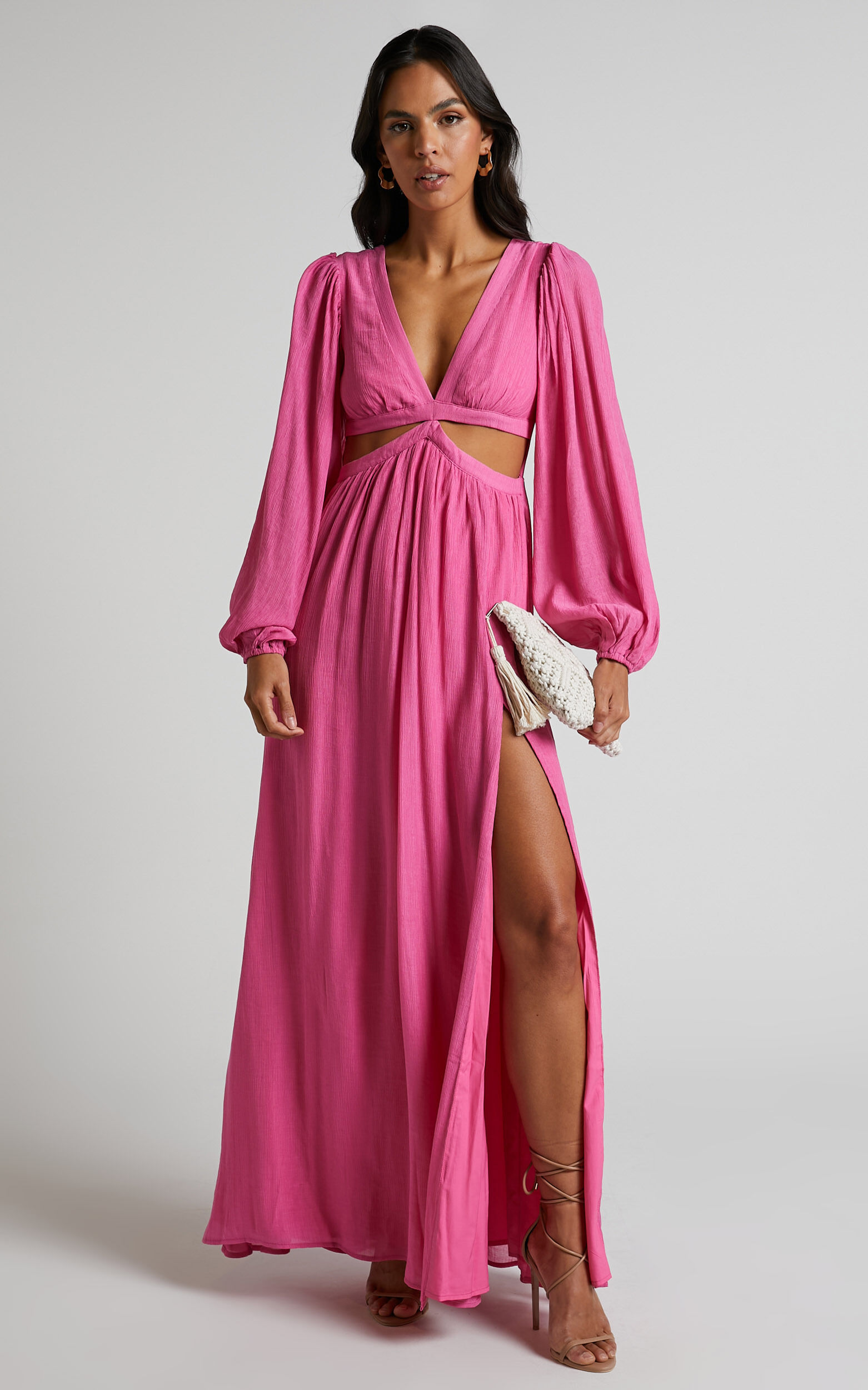 Paige Maxi Dress - Side Cut Out Balloon Sleeve Dress in Pink
