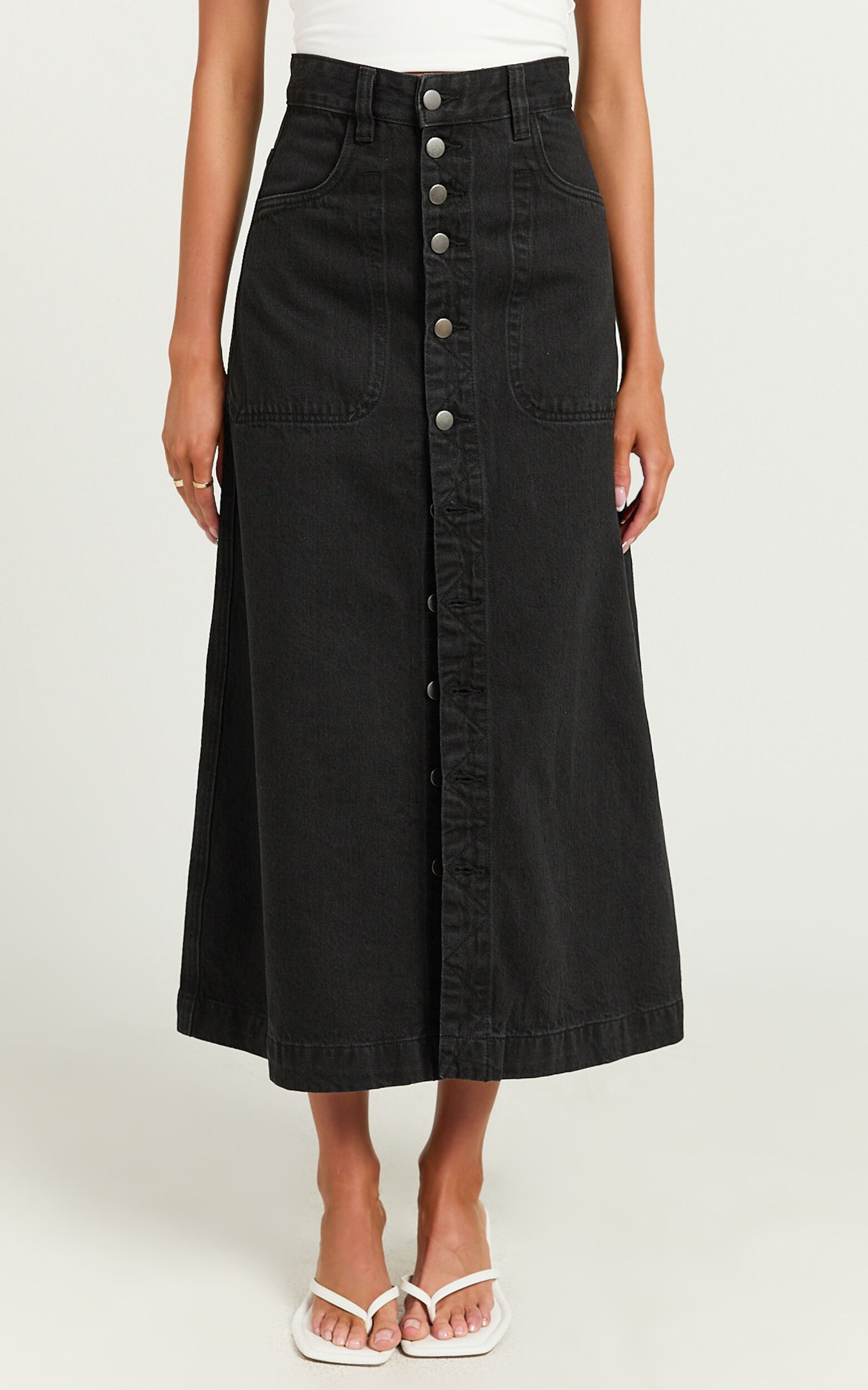 Alisa Midi Skirt - Button Through A Line Denim in Black Wash