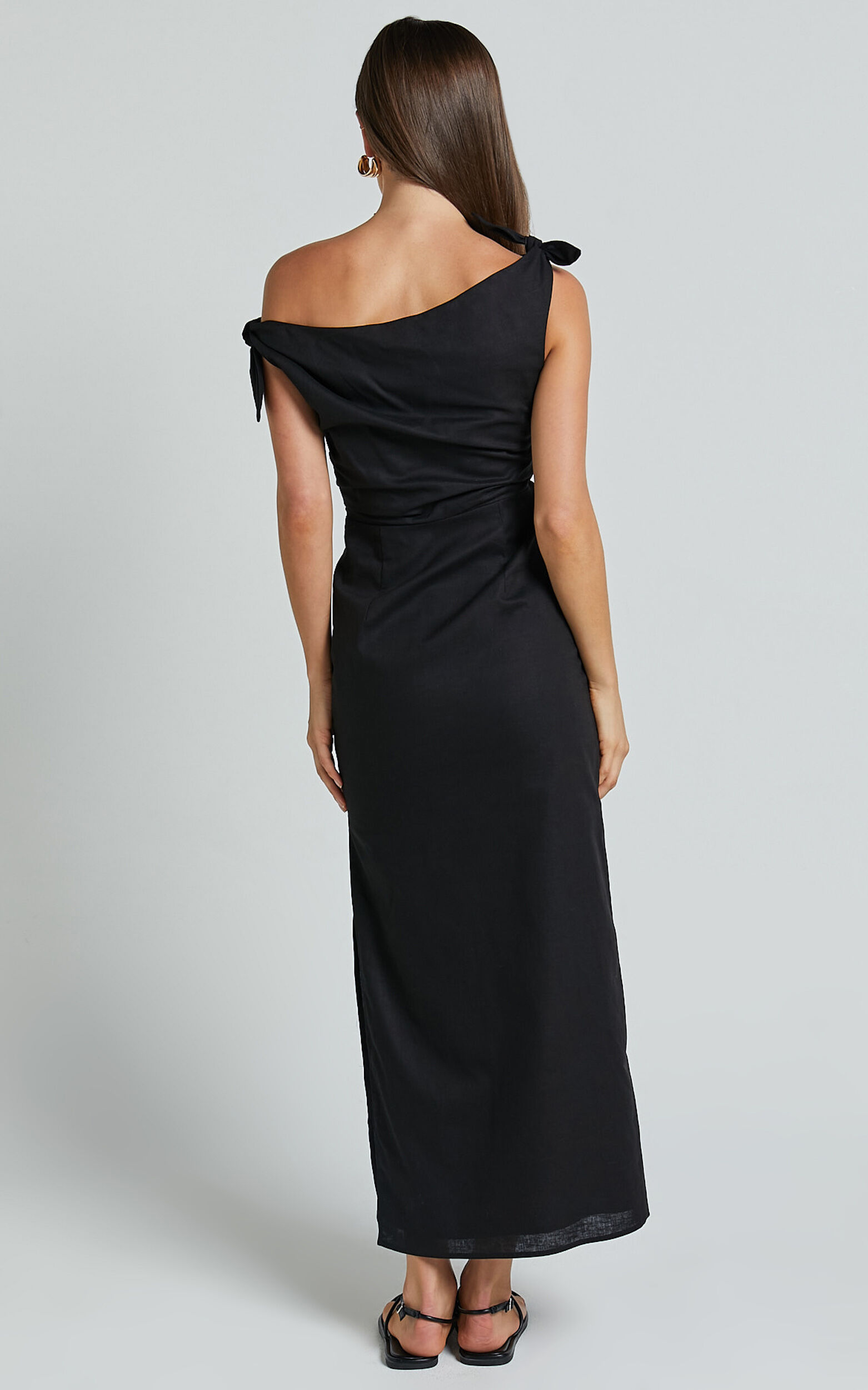 Cincinnati Midi Dress - Off The Shoulder Side Split Column Linen Dress in Black