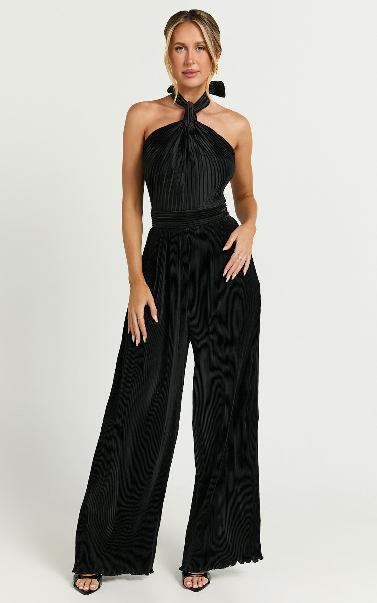 Paris Jumpsuit - Plisse Halter Neck Wide Leg Jumpsuit in Black