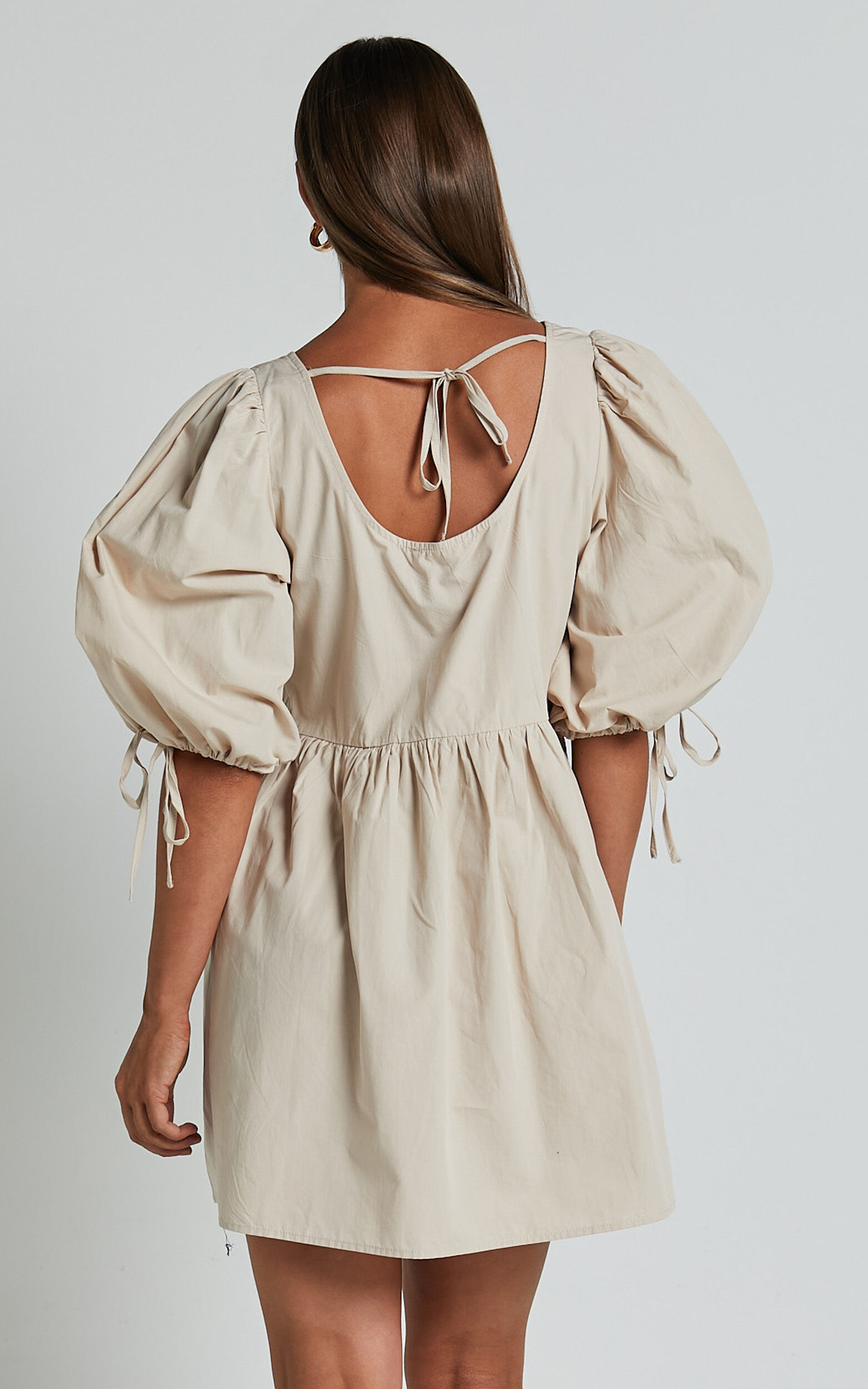 Rosita Mini Dress - Tie Front Puff Sleeve Dress in Stone