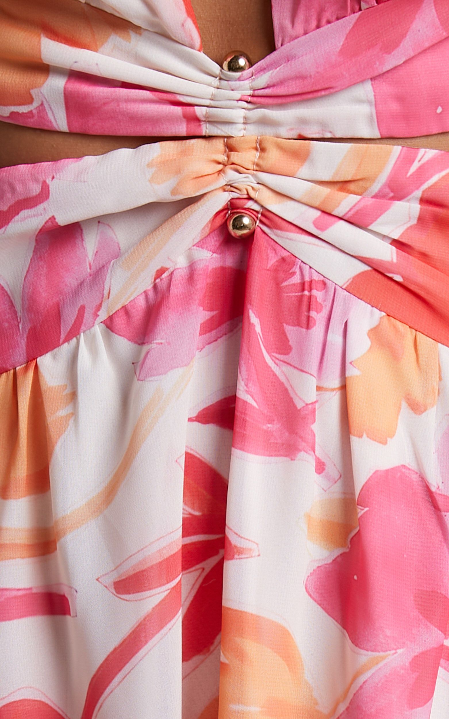 Emilee Midi Dress - Side Cut Out Long Sleeve Plunge Dress in Pink Floral