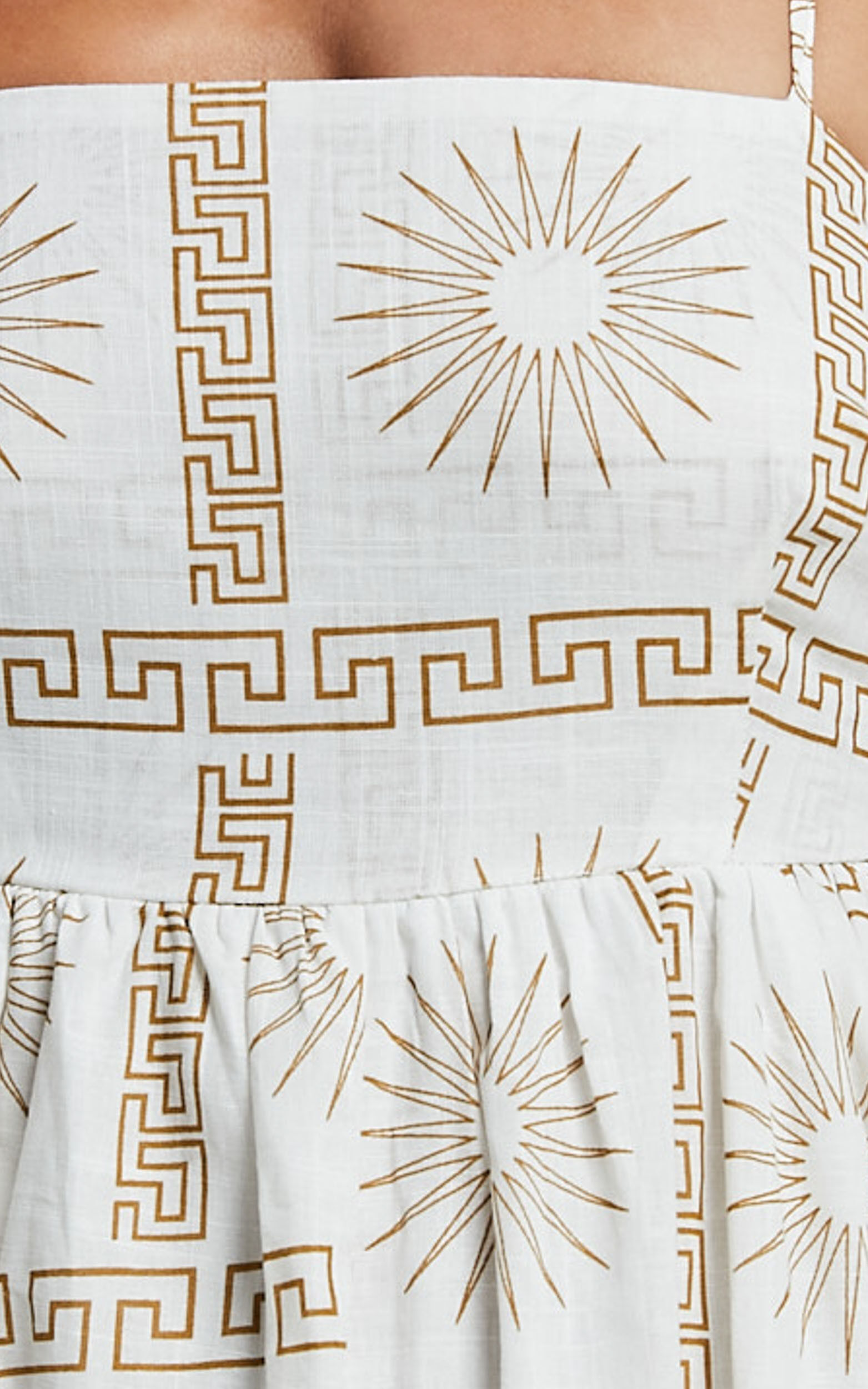 Abbey Maxi Linen Dress - Strappy Straight Neck A Line Dress in White & Brown Sun Print