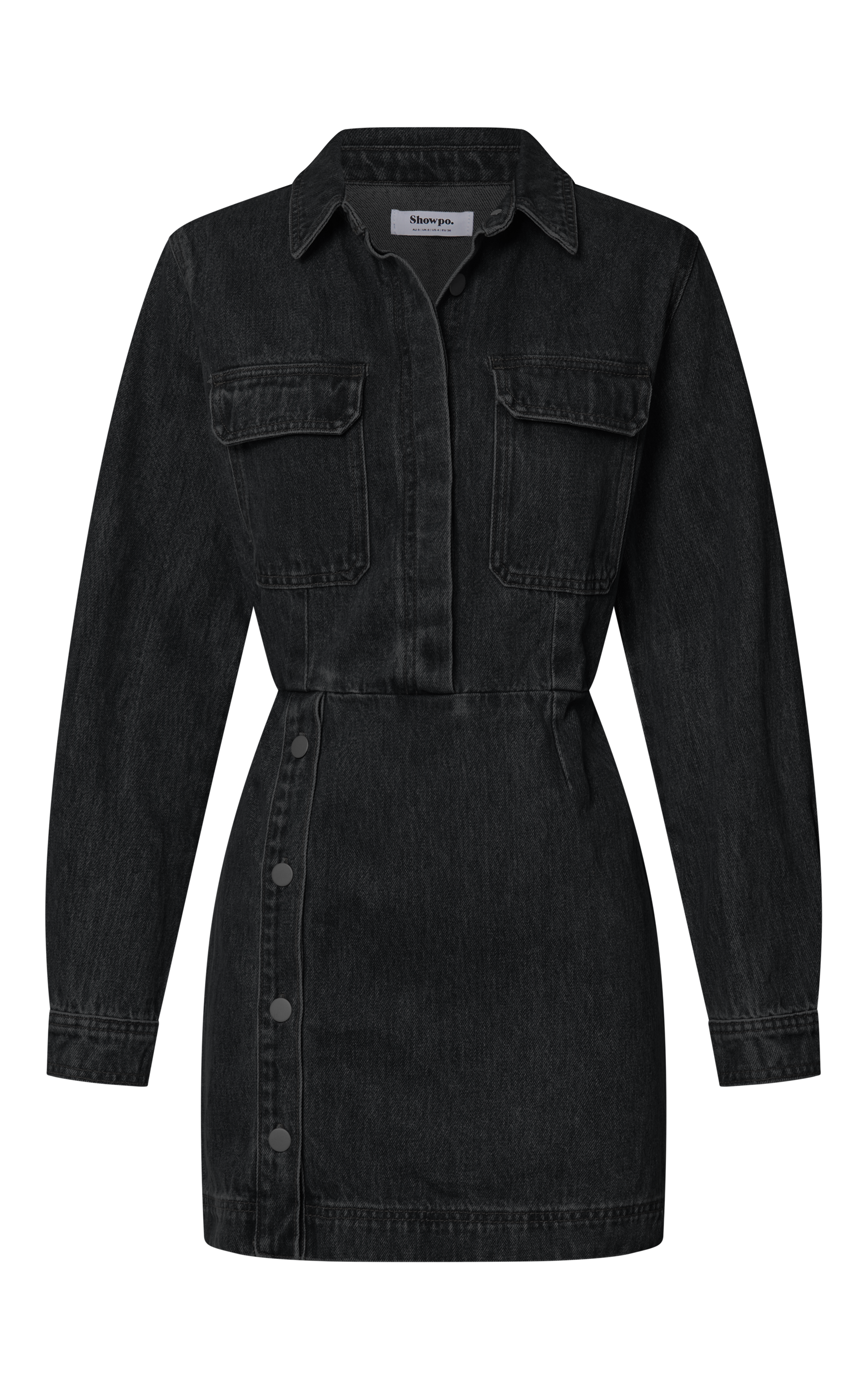 Ainsley Mini Dress - Button Through Long Sleeve Denim Dress in Washed Black