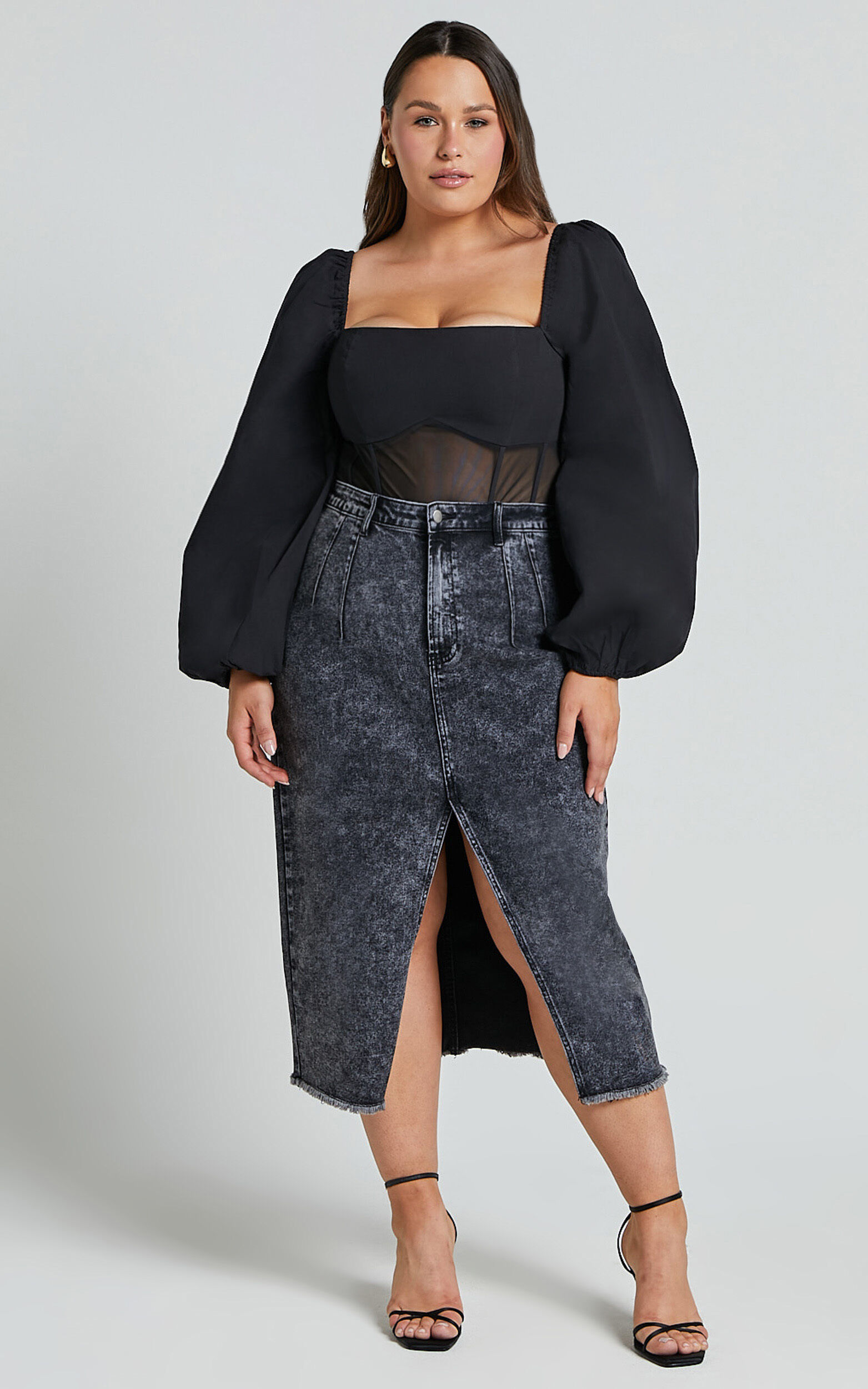 Lincy Bodysuit - Puff Long Sleeve Mesh Waist Detail Bodysuit in Black
