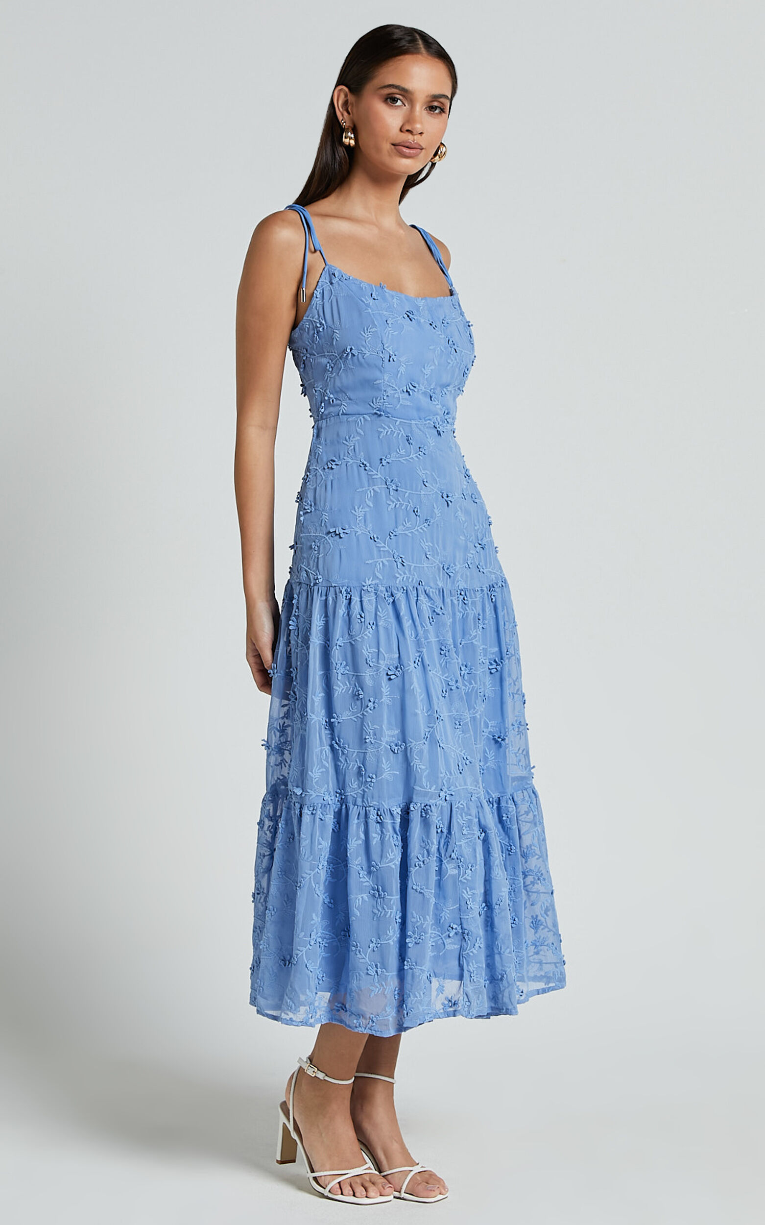 Francesca Midi Dress - Tie Shoulder Tiered Embroided Dress in Cornflower Blue