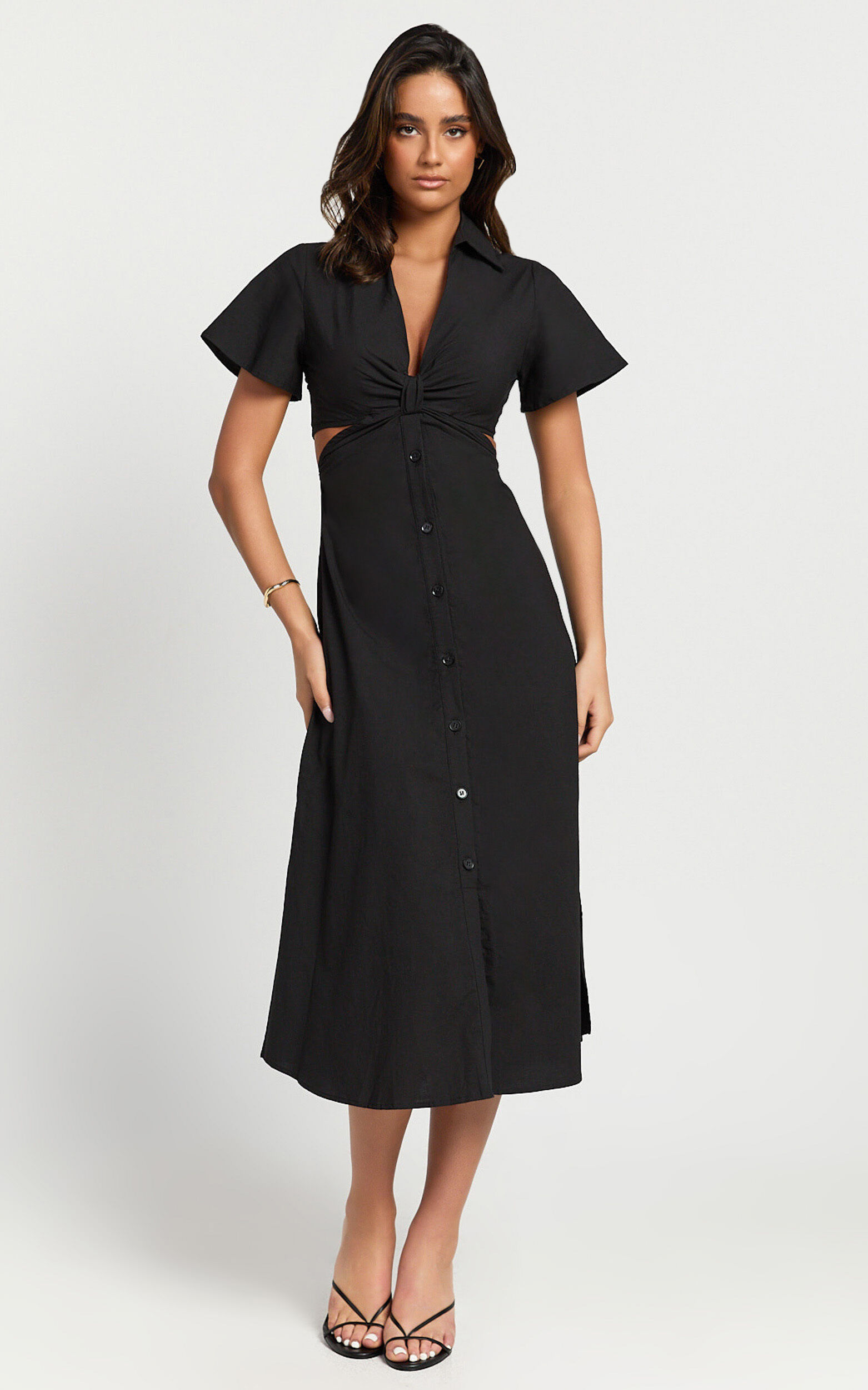 Aeryn Midi Dress - Front Twist Cut Out Shirt Dress in Black