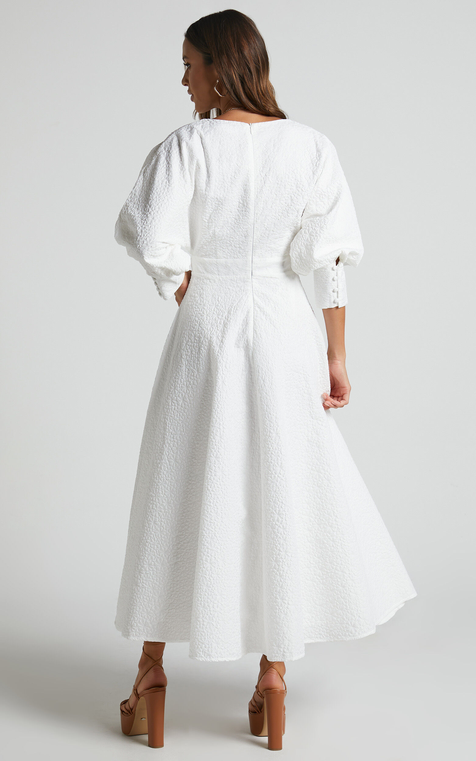 Ashtina Midi Dress - V Neck Cut Out Puff Sleeve Dress in White