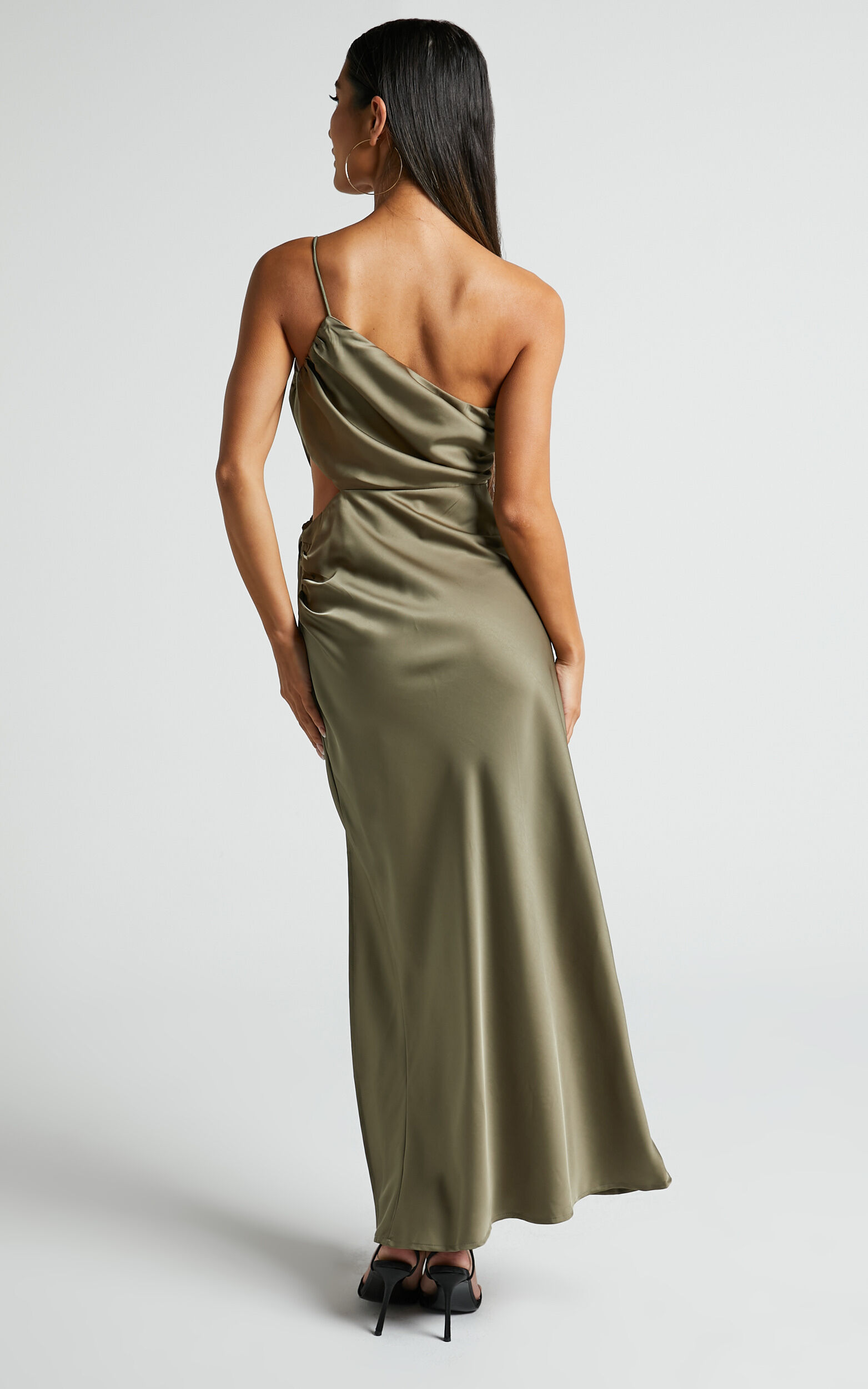 Jaylani Midi Dress - One Shoulder Thigh Split Gathered Satin Dress in Dark Olive