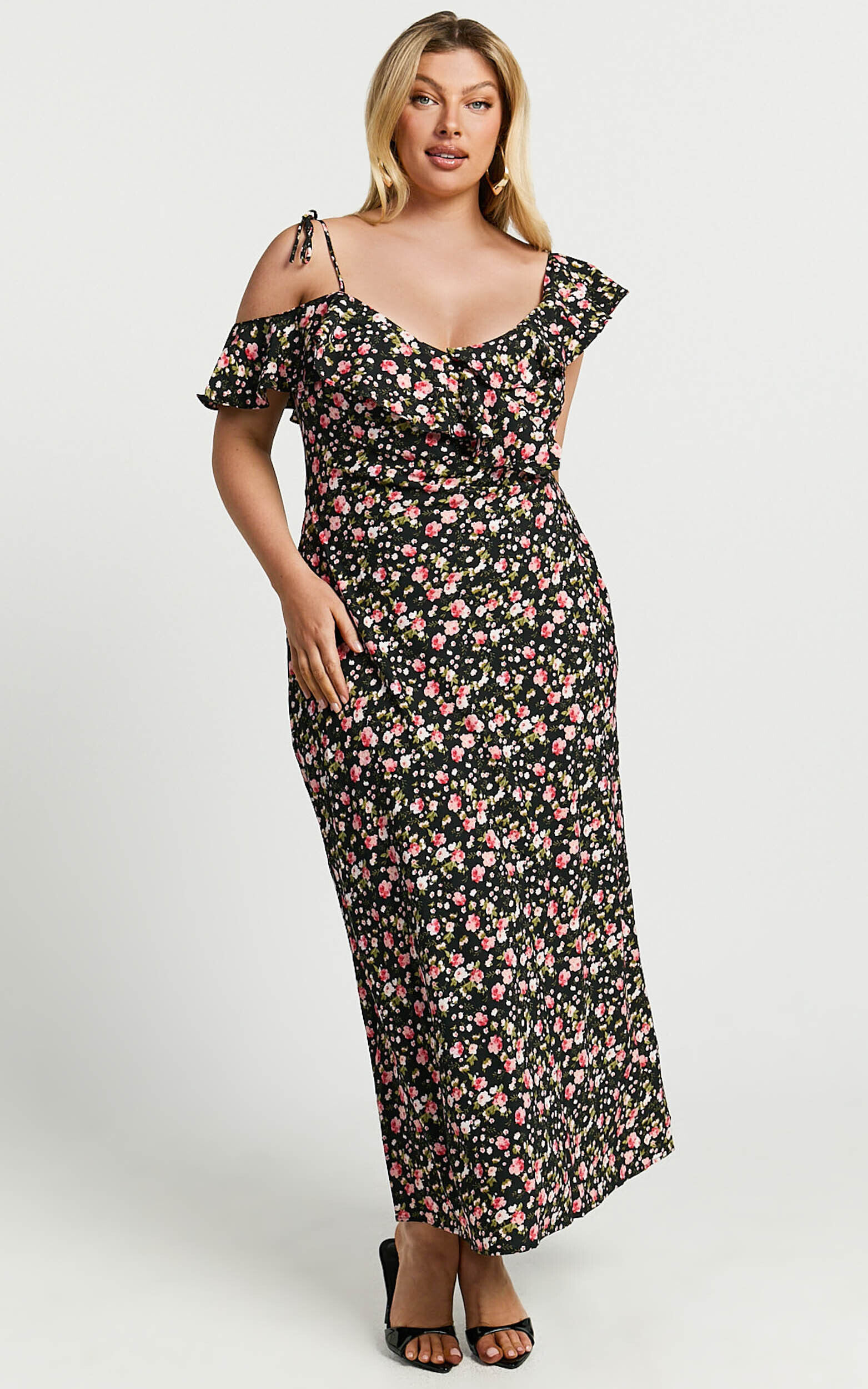 Giulia Midi Dress - One Shoulder Frill Detail Dress in Black Floral