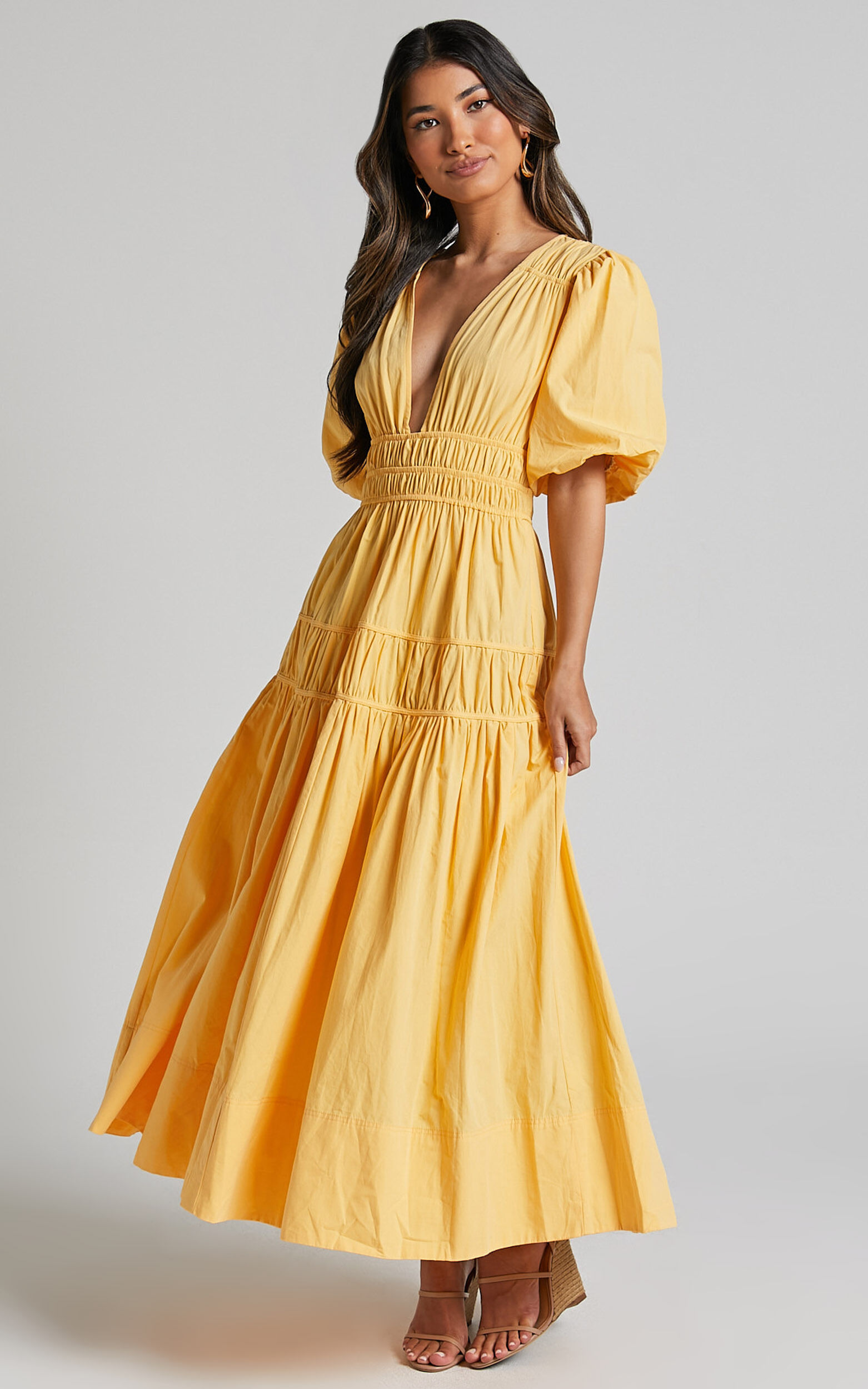 Mellie Midi Dress - Puff Sleeve Plunge Tiered Dress in Pineapple