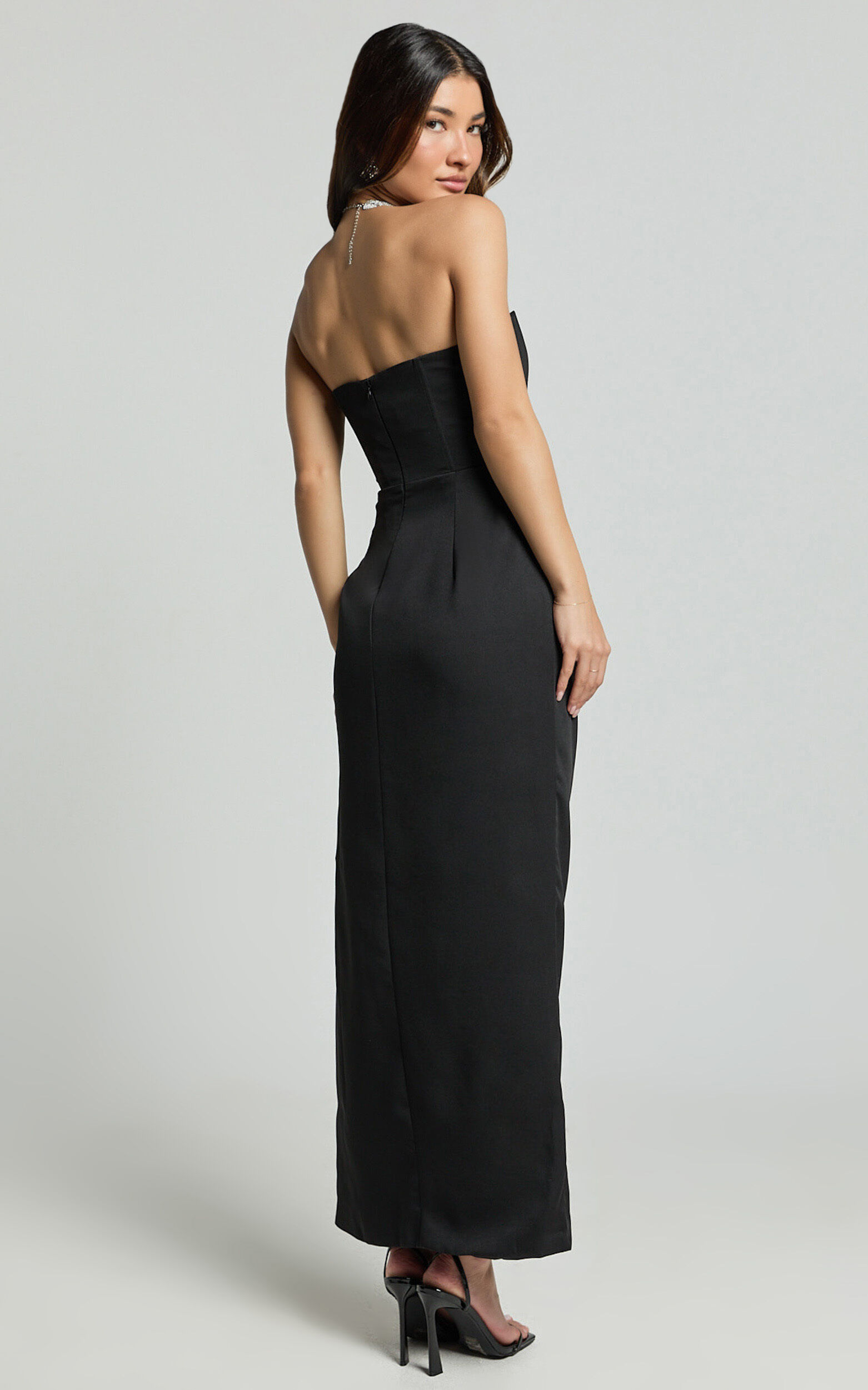 Avery Midi Dress - Strapless Draped Side Split Dress in Black