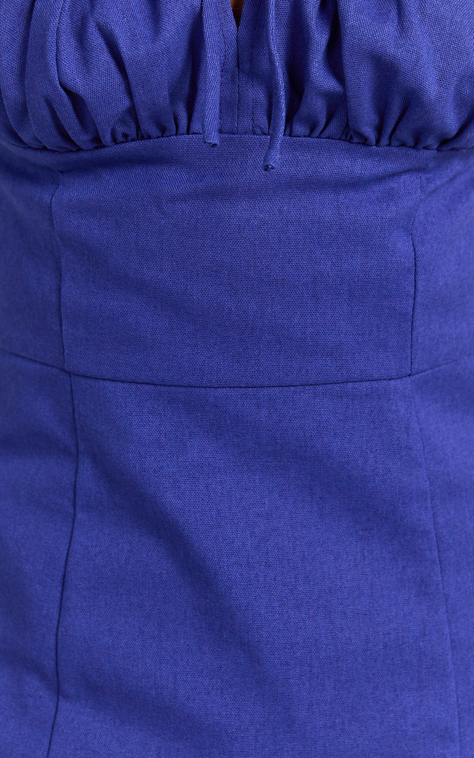 Robin Midi Linen Dress - Puff Sleeve High Split Dress in Navy