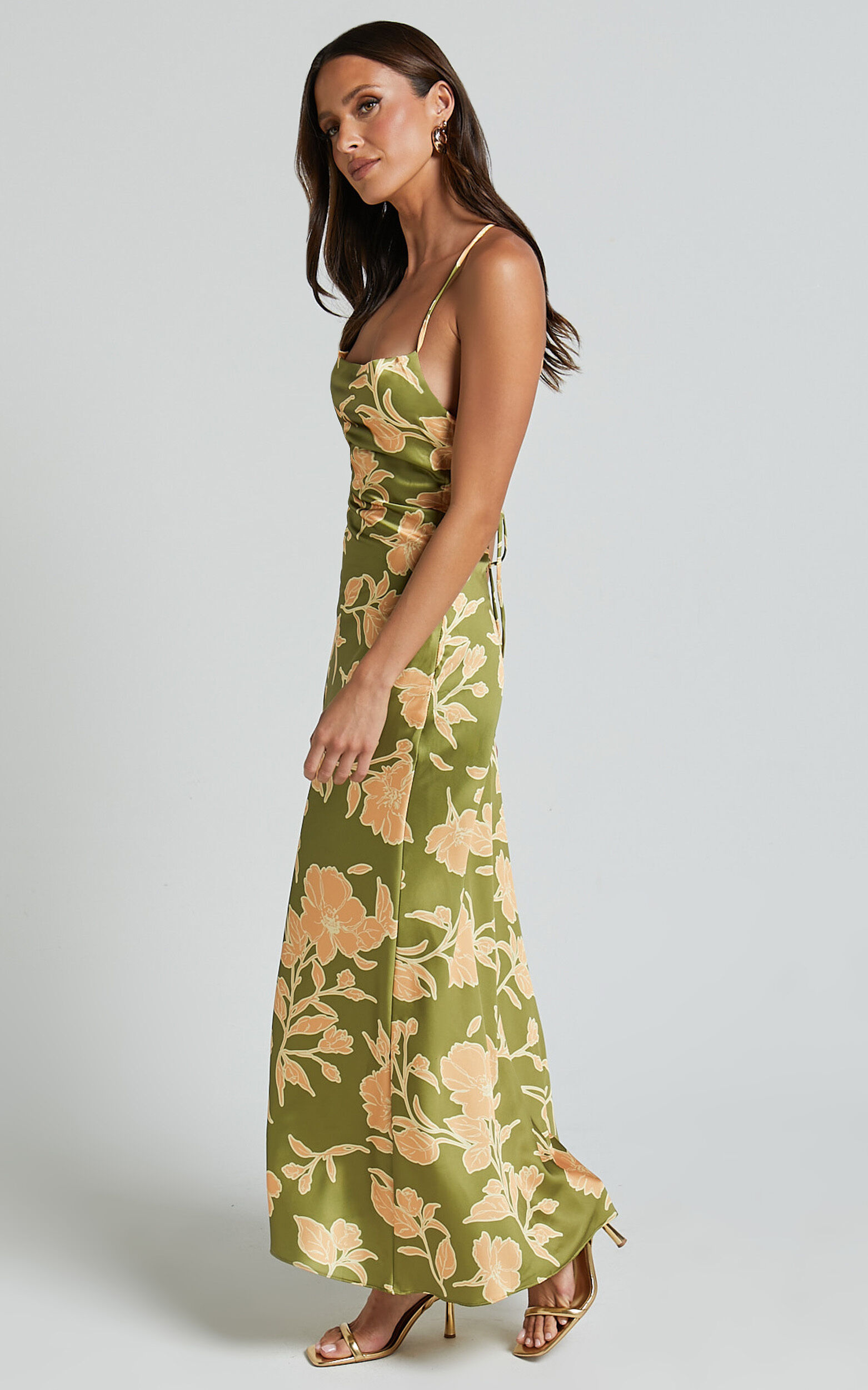 Aisling Midi Dress - Cowl Neck Satin Bias Midi Dress in Olive