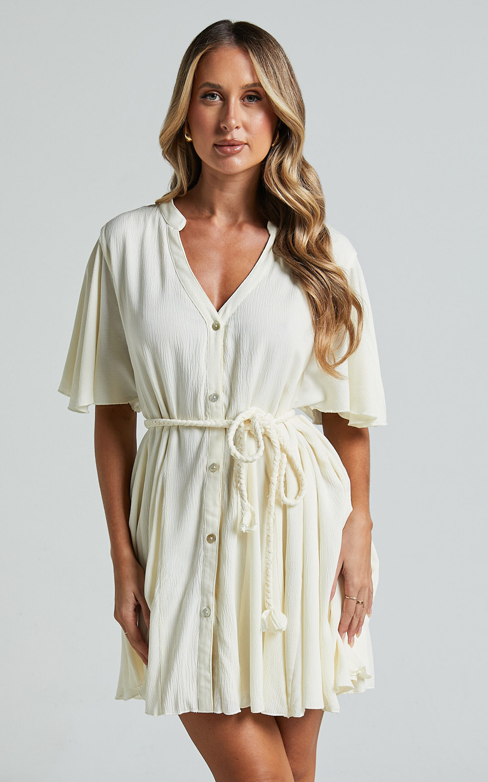 Cathe Mini Dress - V Neck Button Through Short Flutter Sleeve Tie Waist in Off White
