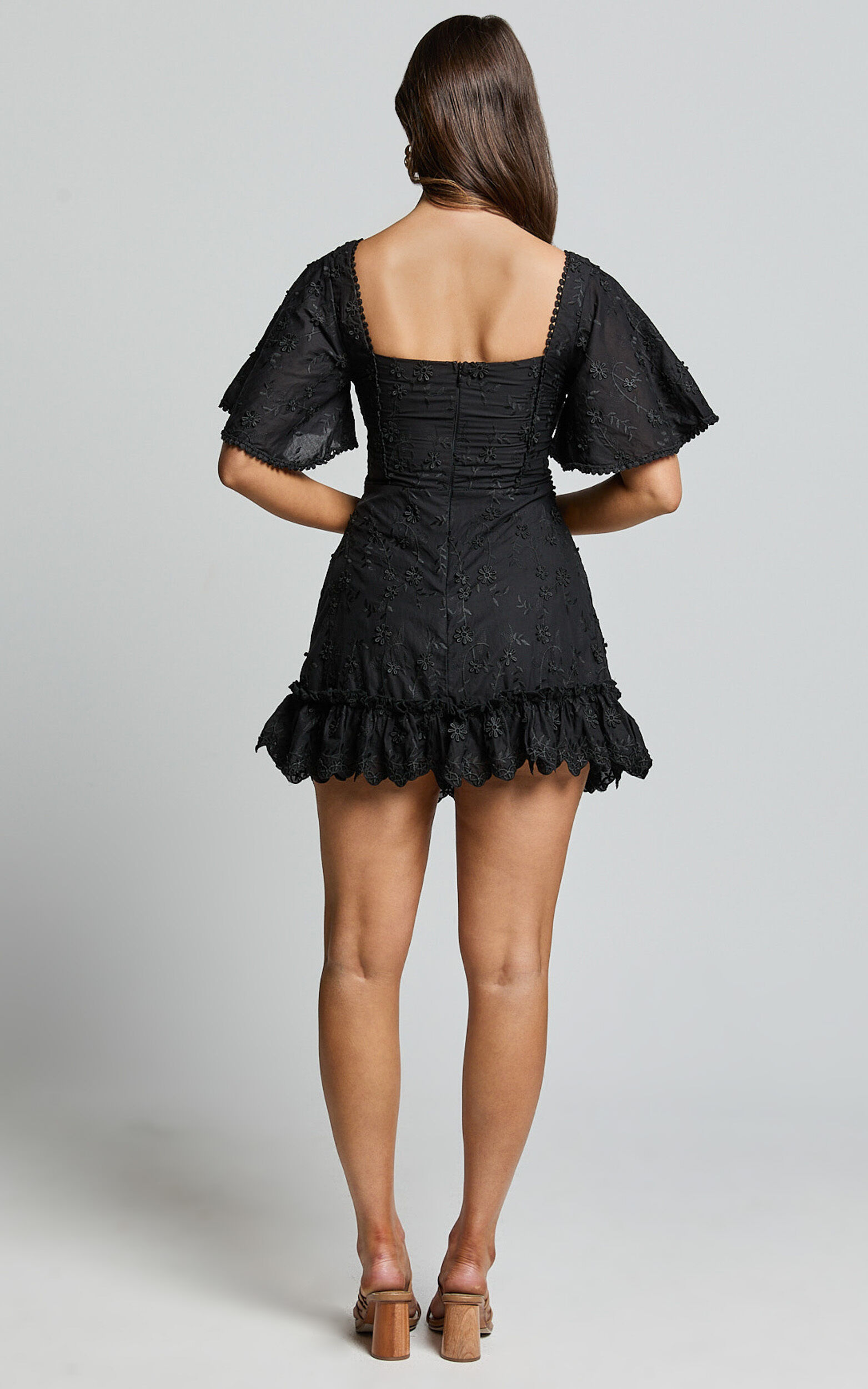Fancy A Spritz Mini Dress - Square Neck Dress in Black Embroidery