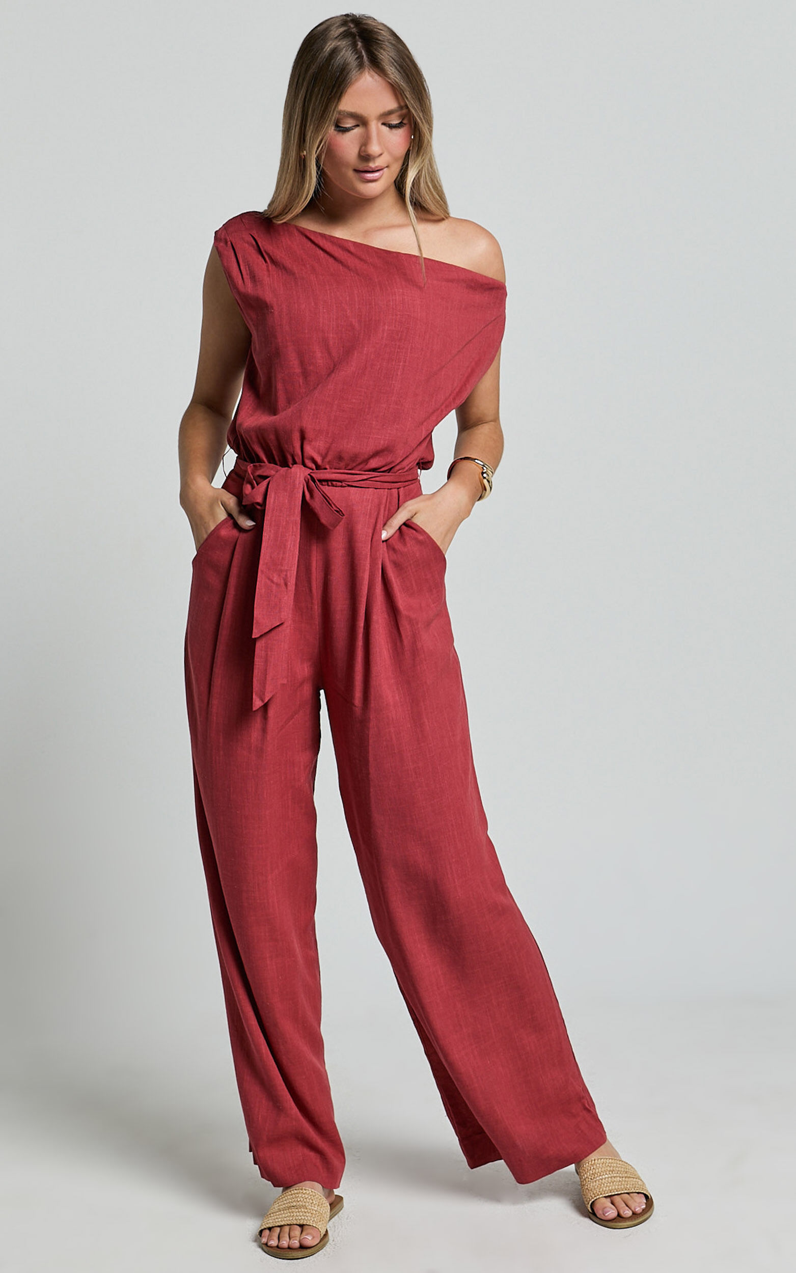 Adria Jumpsuit - Asymmetrical Short Sleeve Linen Jumpsuit in Clay