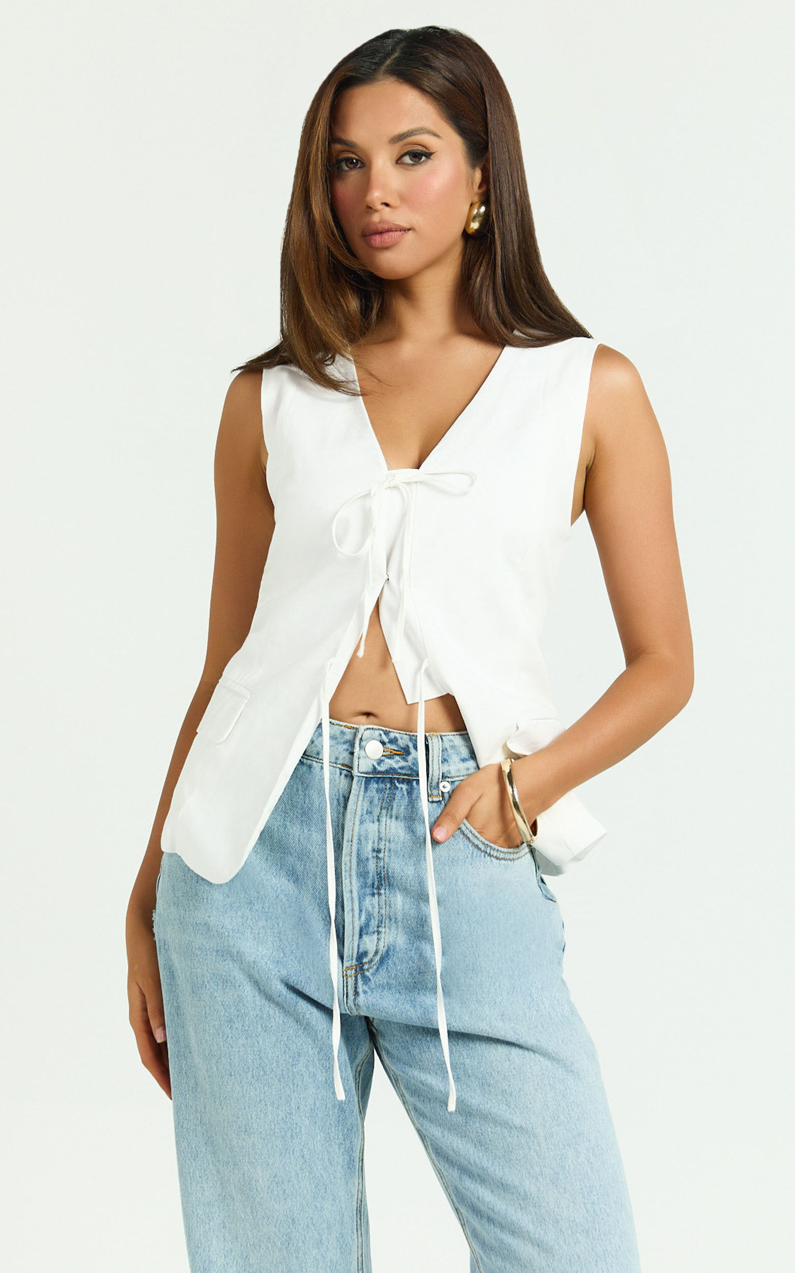 Katia Top - Tie Front V Neck Top in White