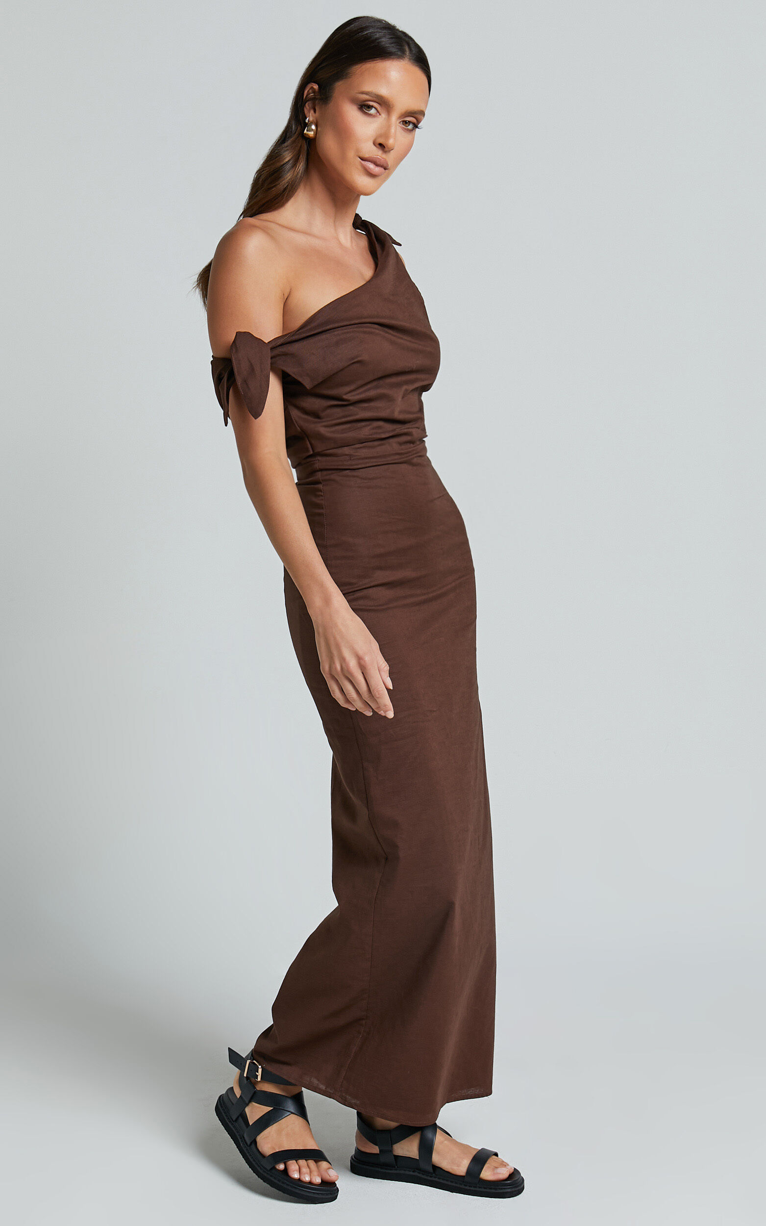 Cincinnati Midi Dress - Off The Shoulder Side Split Column Linen Dress in Chocolate