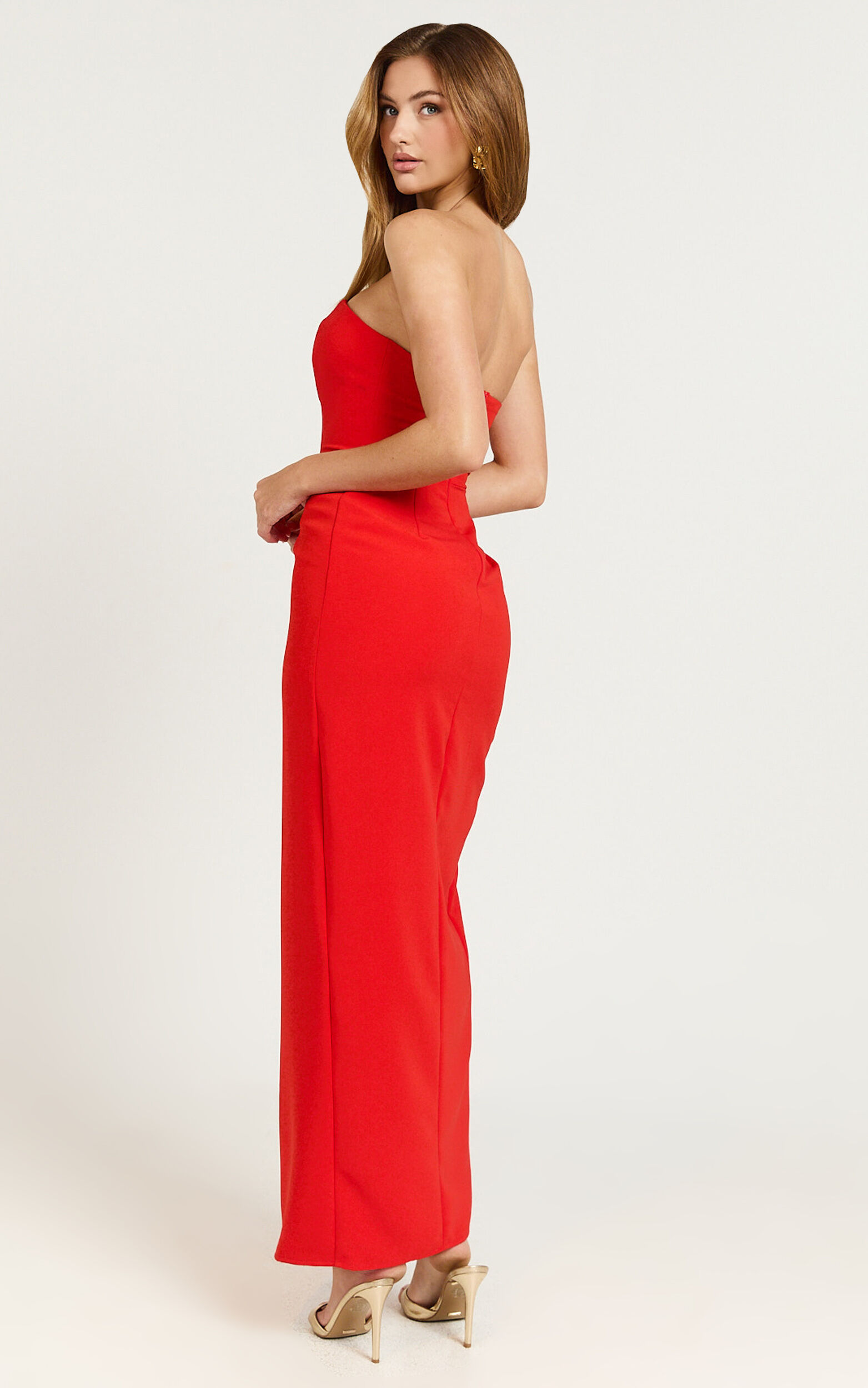 Ebby Maxi Dress - Strapless Rosette Thigh Split Dress in Red