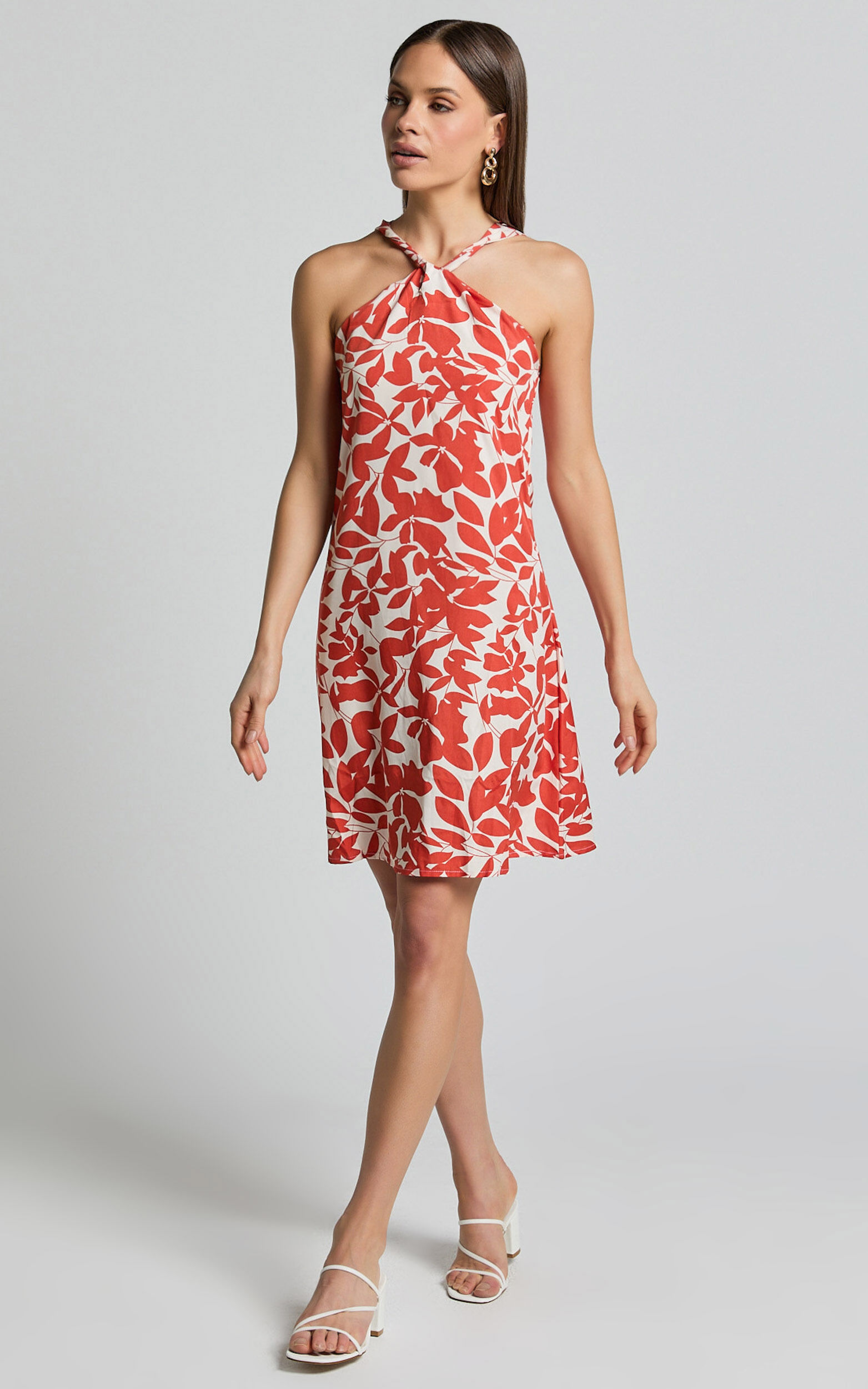 Vicki Mini Dress - Halter Neck A Line Dress in Red Leaf Print