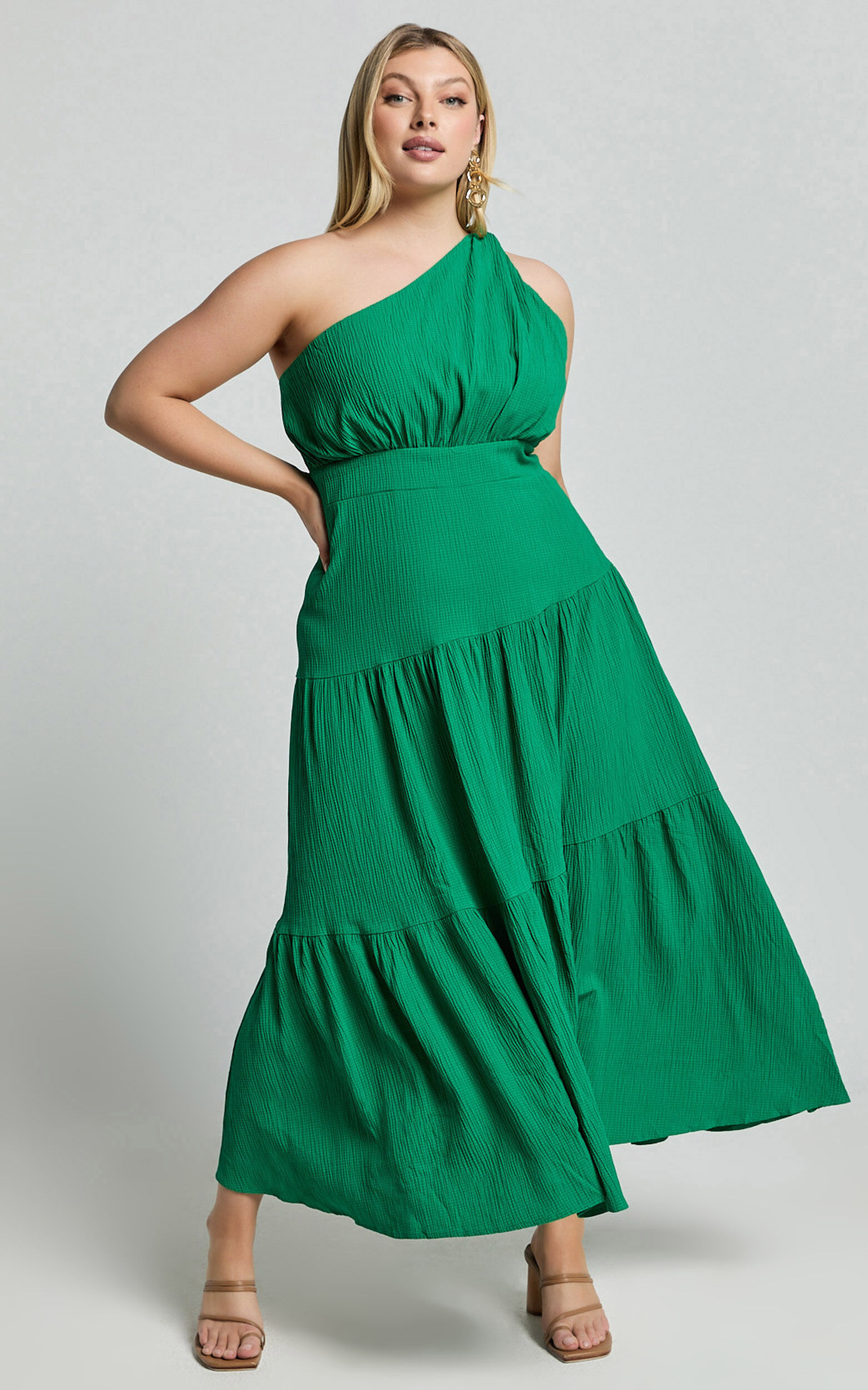 Celestia Midi Dress - Tiered One Shoulder Dress in Green