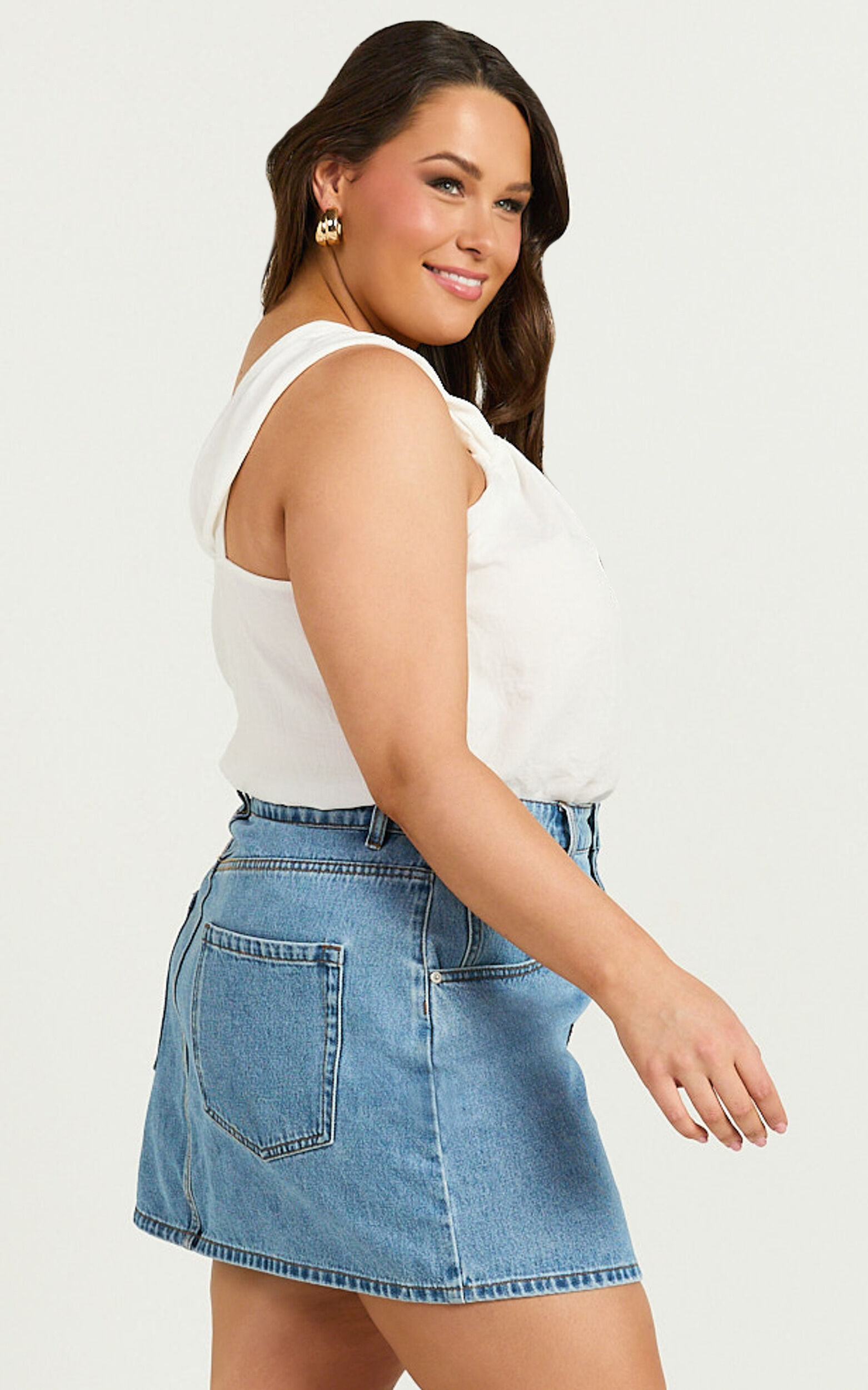 Jaden Mini Skirt - High Waisted Recycled Denim Mini Skirt in Mid Blue Wash