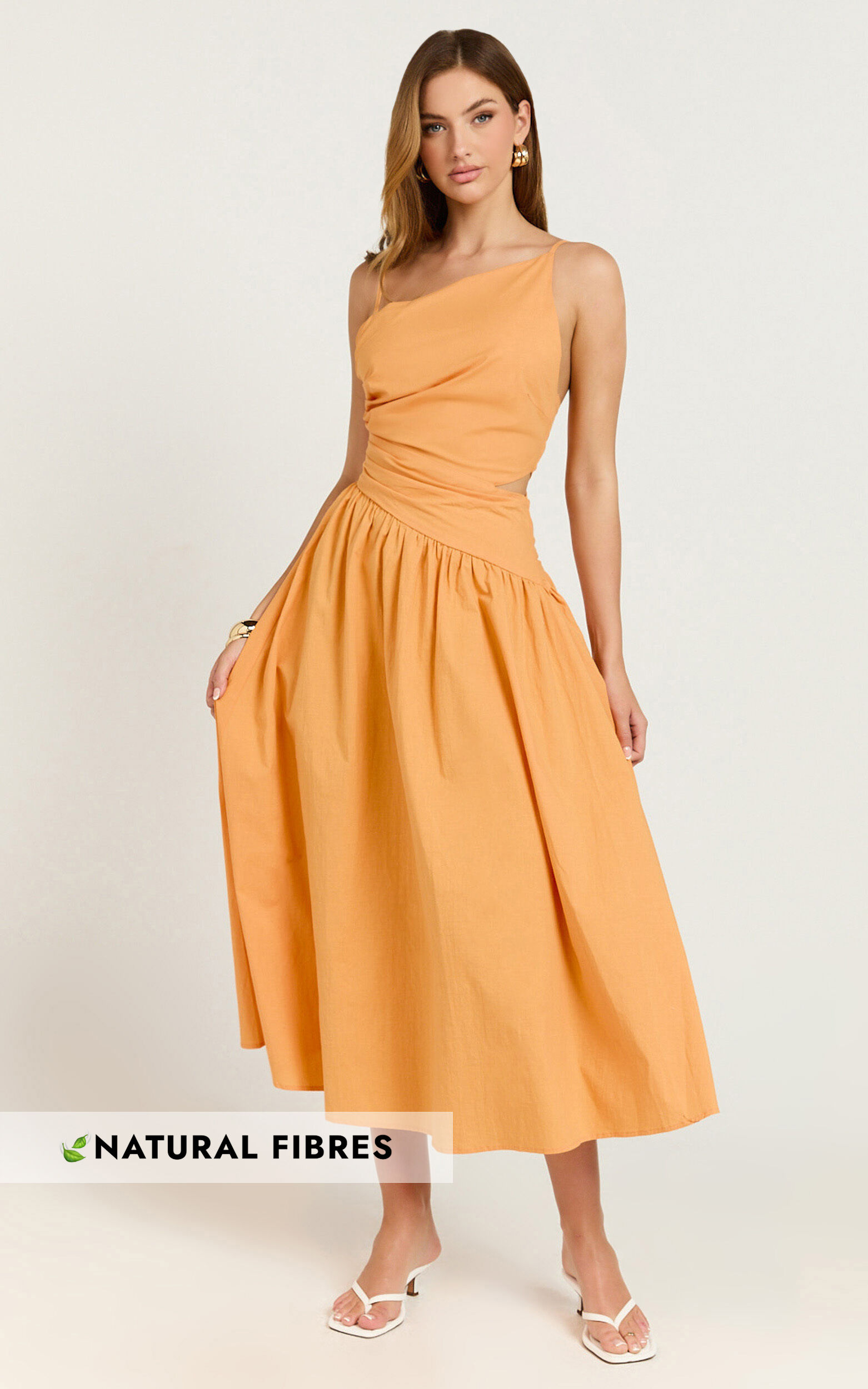 Ebony Midi Dress - Asymmetrical Cut Out Dress in Orange