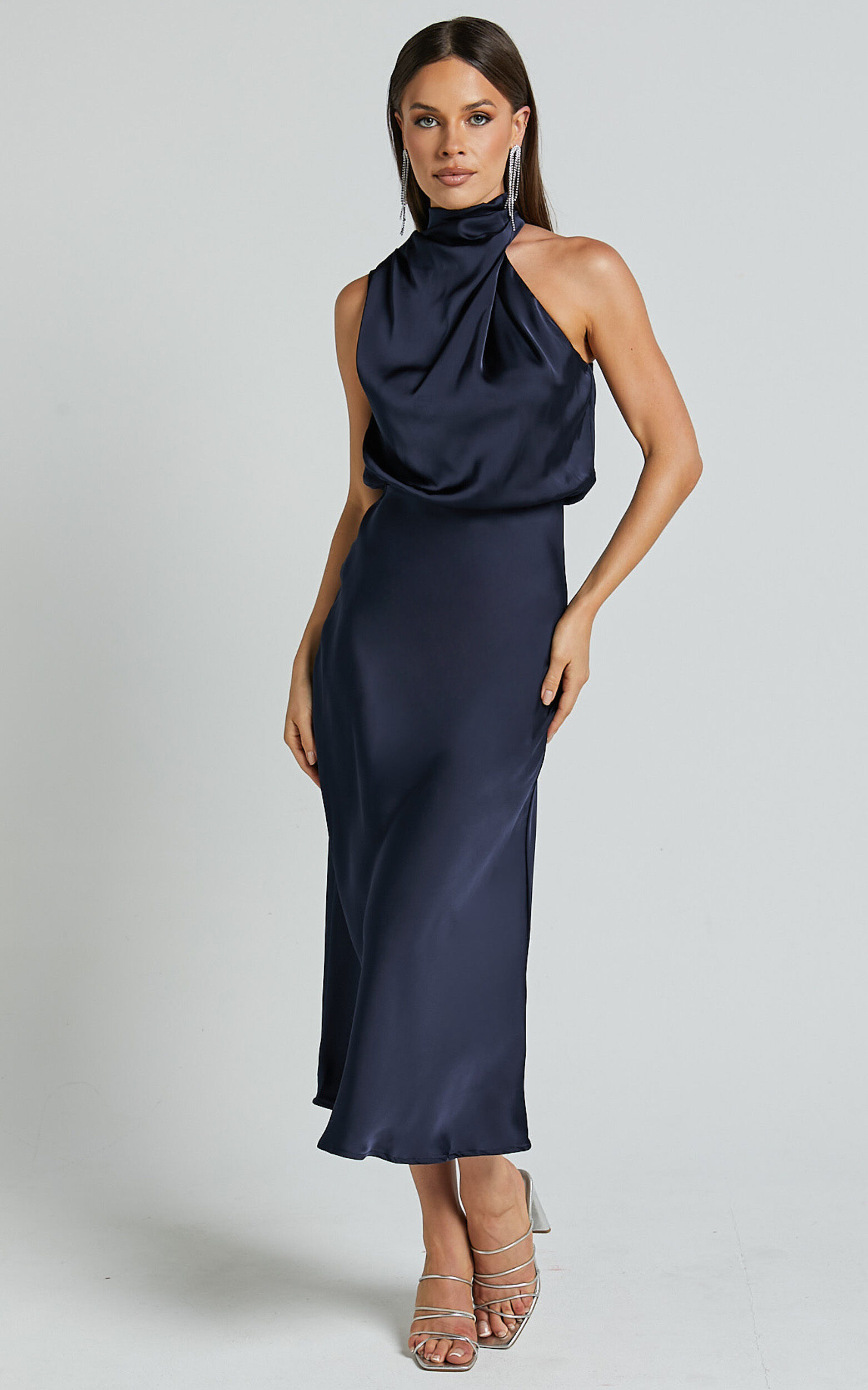 Minnie Midi Dress - Drape Neck Satin Slip Dress in Midnight Blue