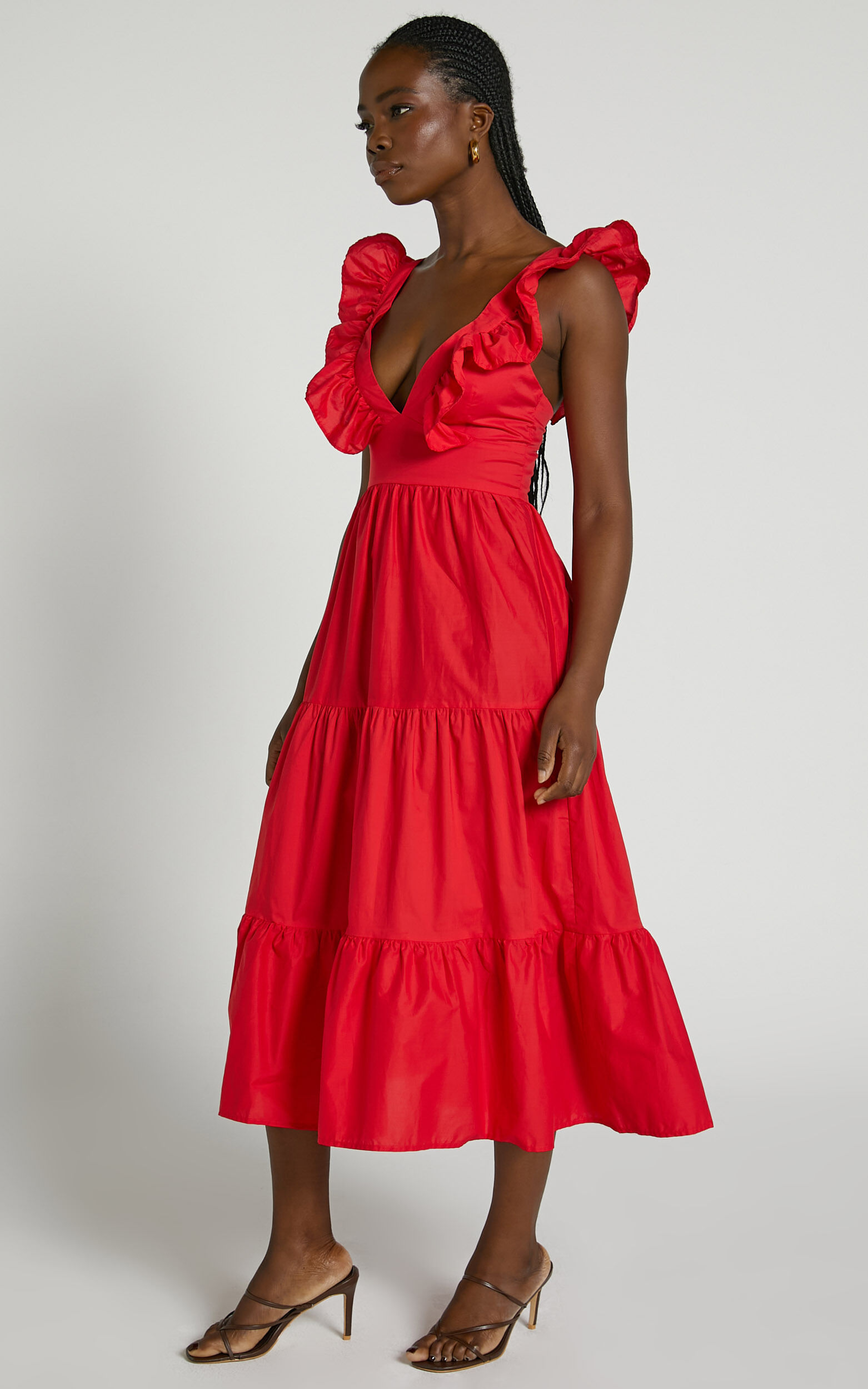 Levona Midi Dress - Ruffle Shoulder Tiered Dress in Cherry Tomato