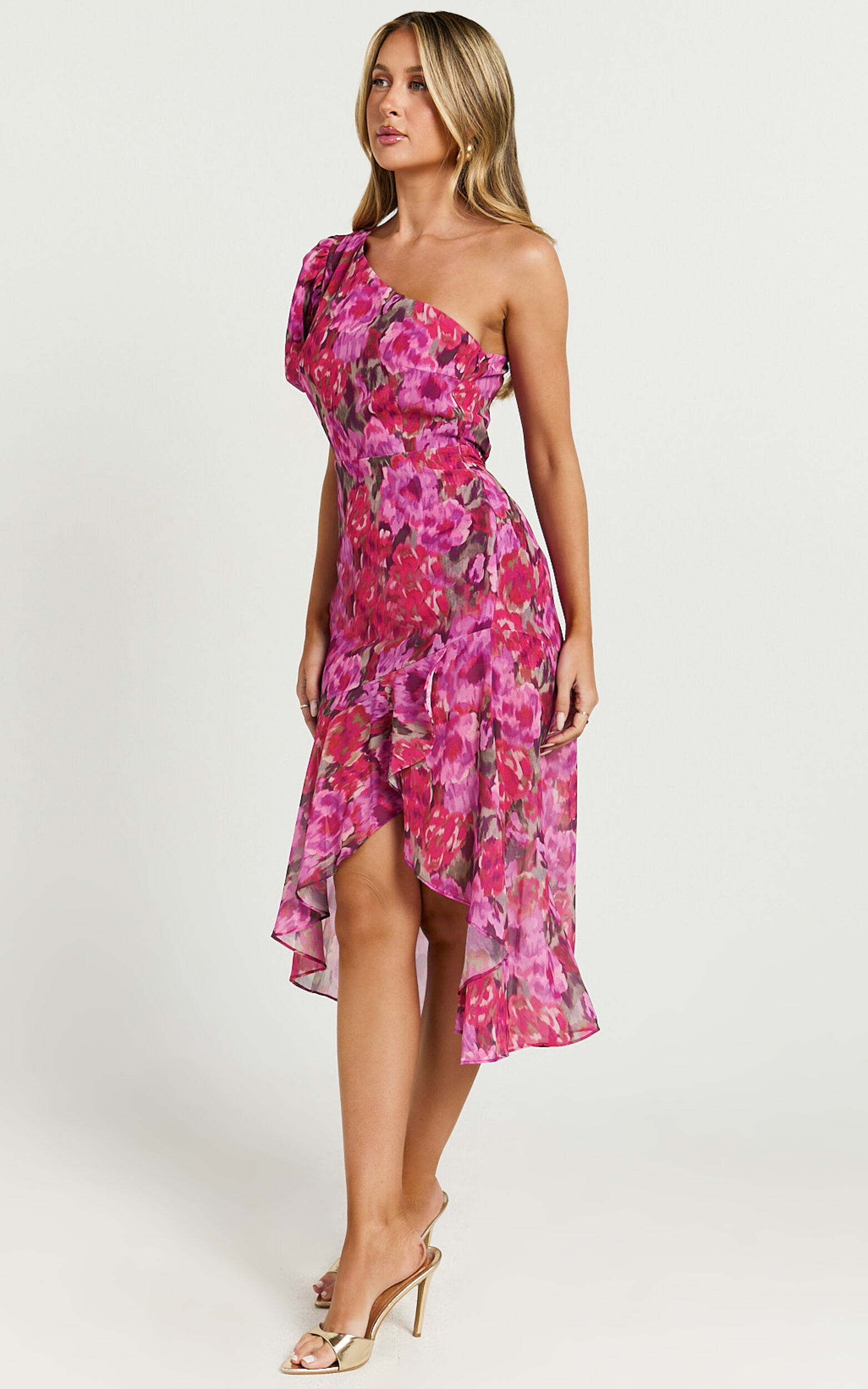 Clabelle Midi Dress - One Shoulder Ruffle Tulip Hem Dress in Violette Blur Floral