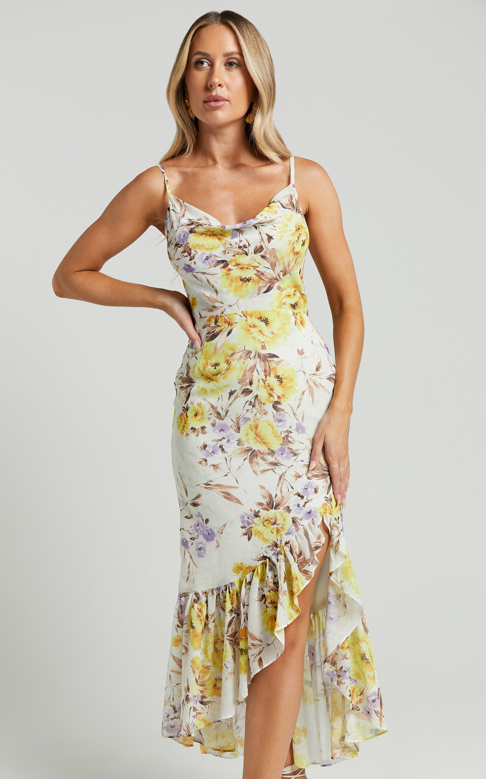 Sutton Midi Dress - Cowl Neckline Strappy Frill Hem in Dahlia Watercolour